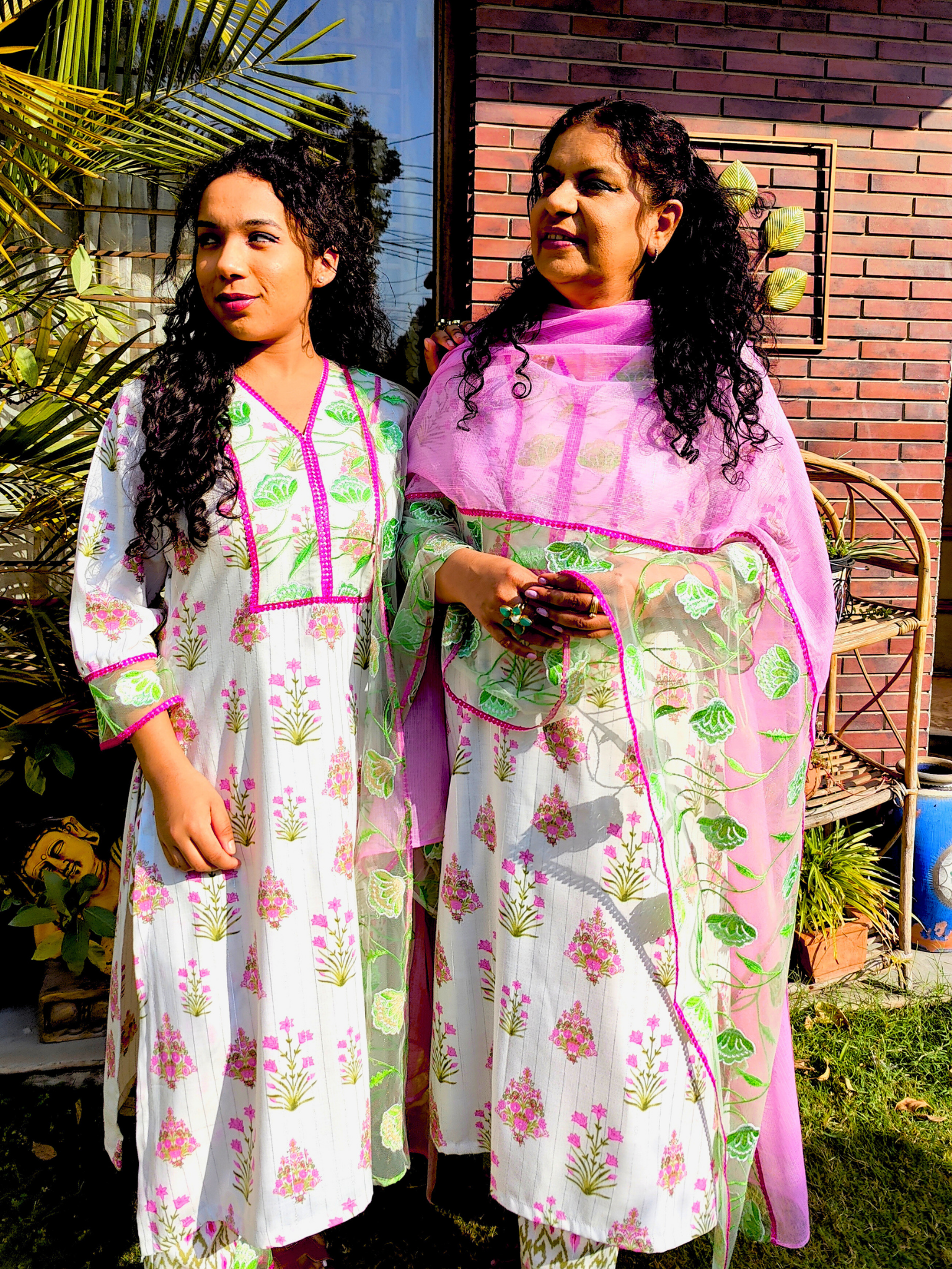 White Digital Printed Green Floral Lace Stitched Suit Set