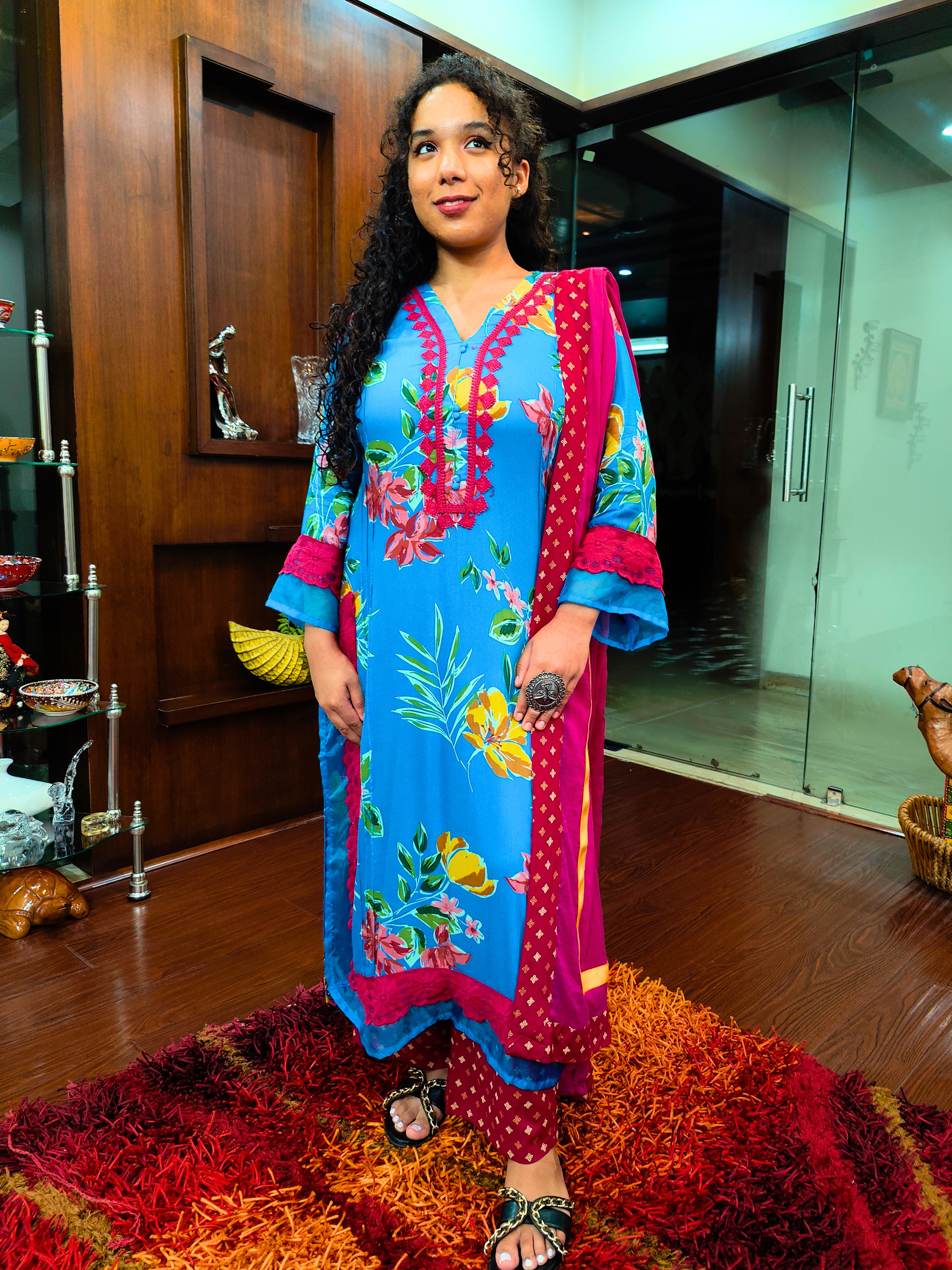 Sky Blue Magenta Floral Lace Cotton Stitched Suit Set