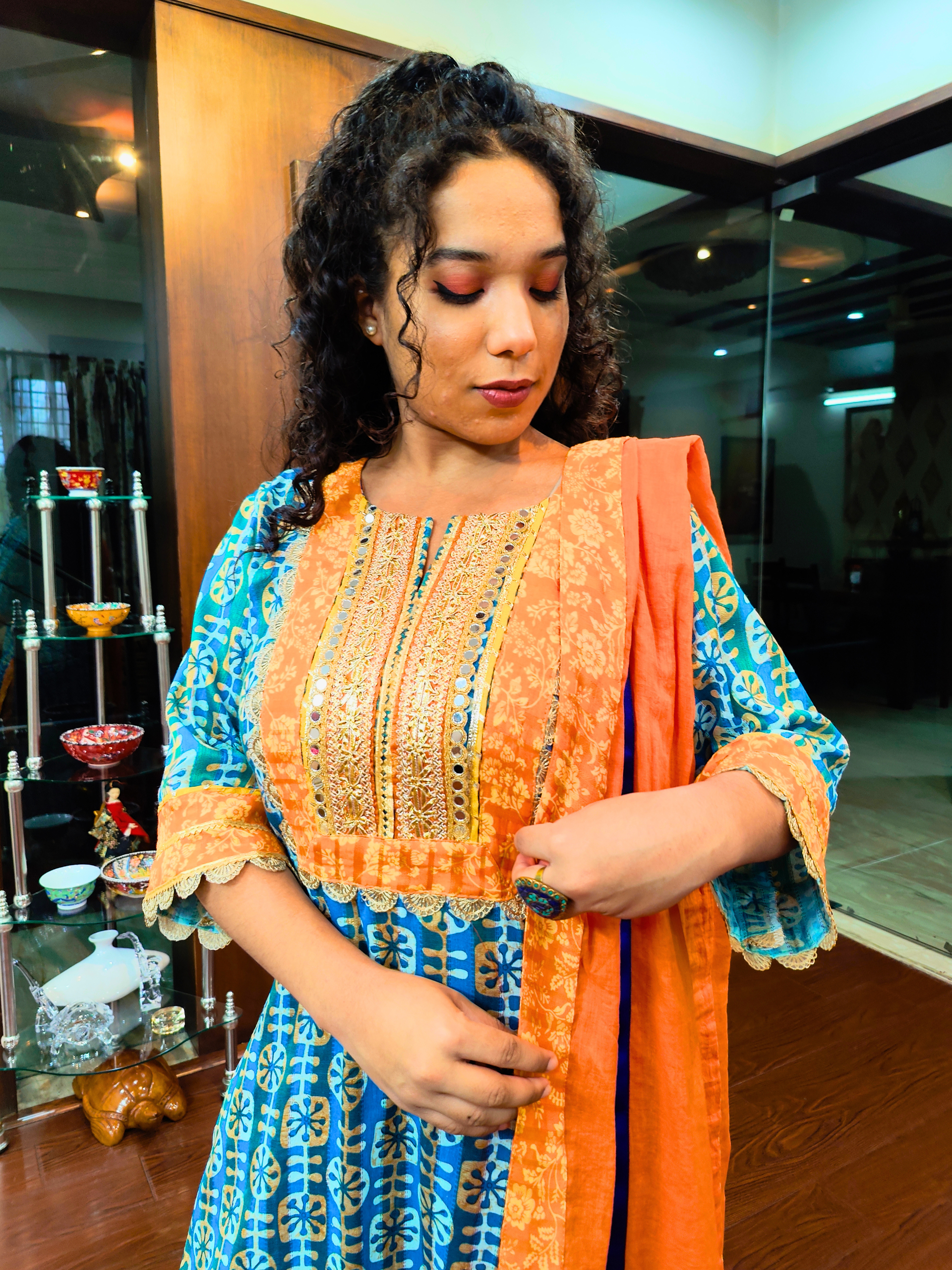 Green Digital Printed Mirror Gota Cotton Stitched Suit Set