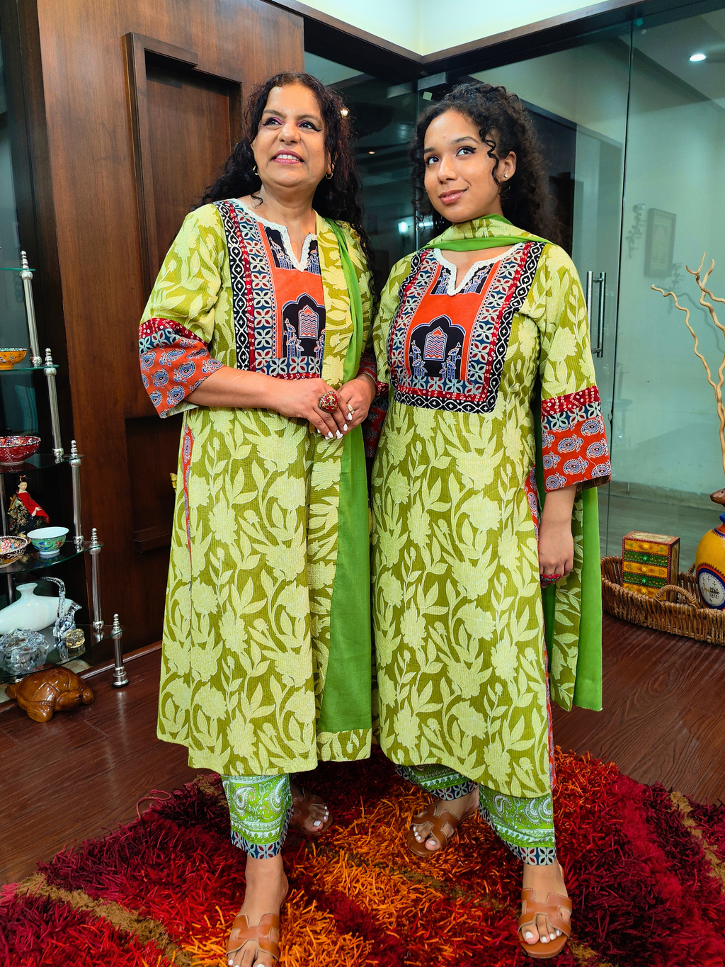Green Handblock Kalamkari Cotton Stitched Suit Set