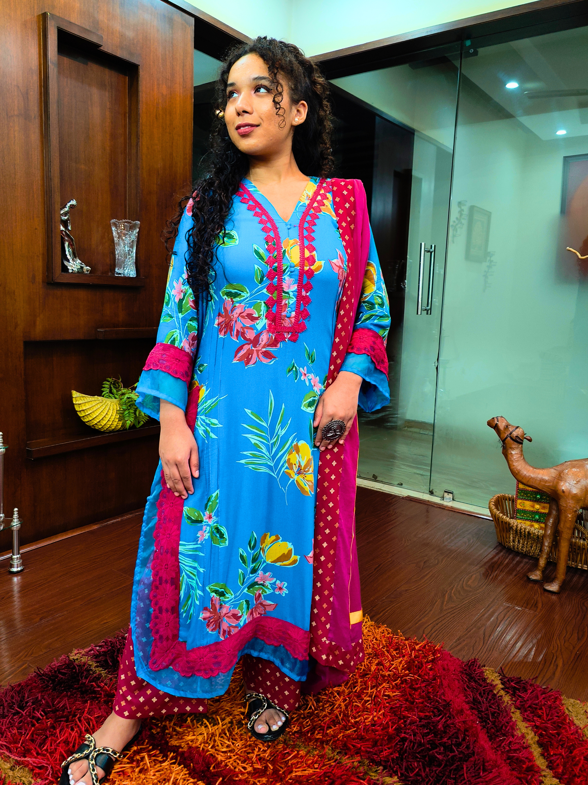 Sky Blue Magenta Floral Lace Cotton Stitched Suit Set