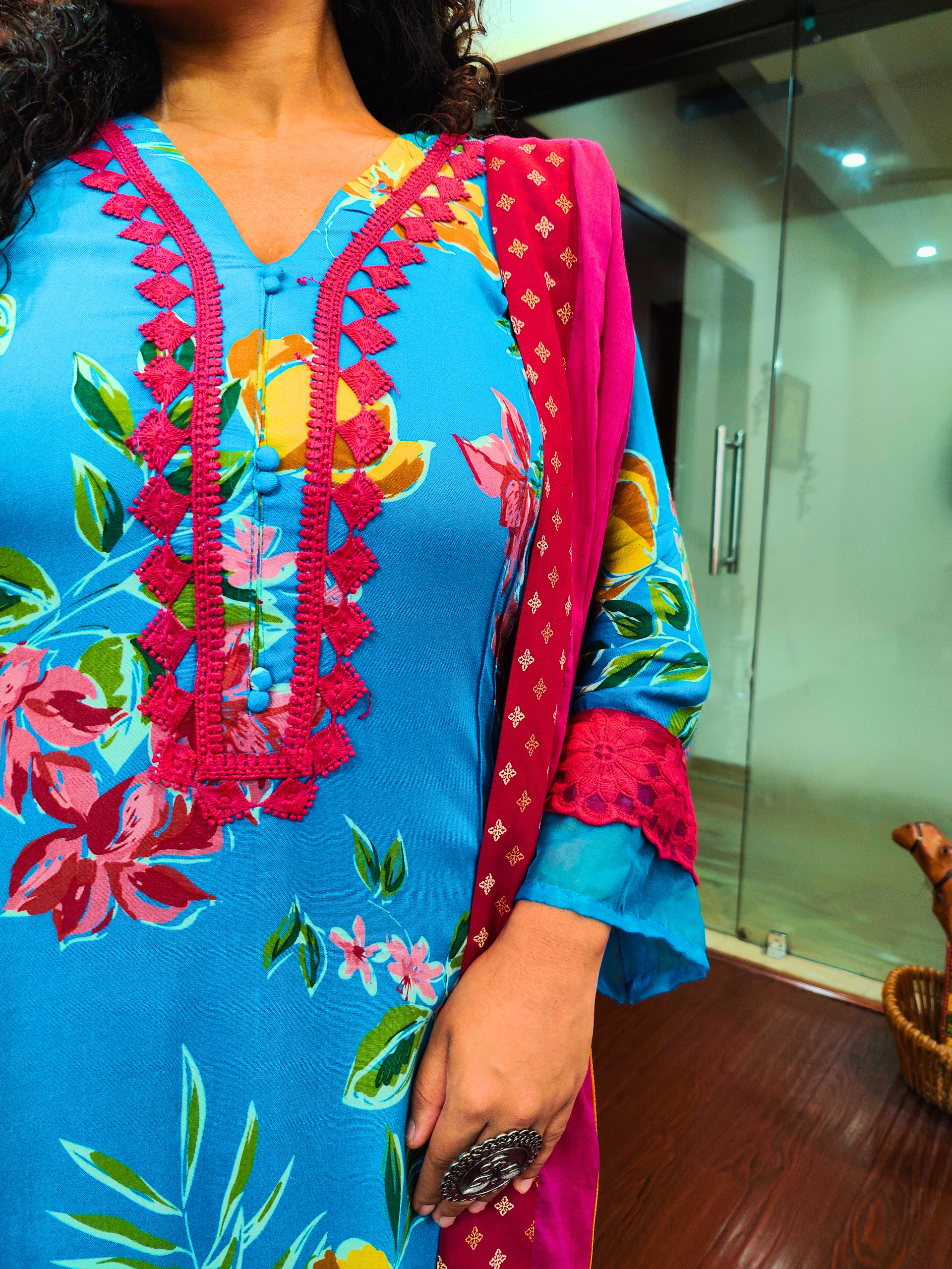 Sky Blue Magenta Floral Lace Cotton Stitched Suit Set