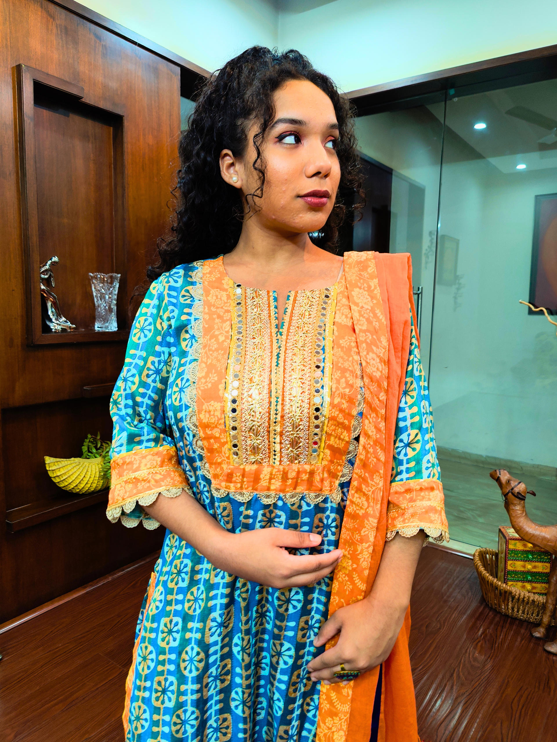 Green Digital Printed Mirror Gota Cotton Stitched Suit Set