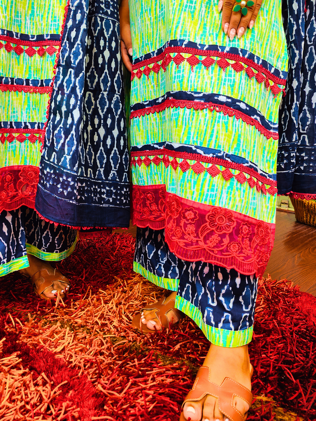 Green Digital Printed Cotton Italian Lace Stitched Suit Set