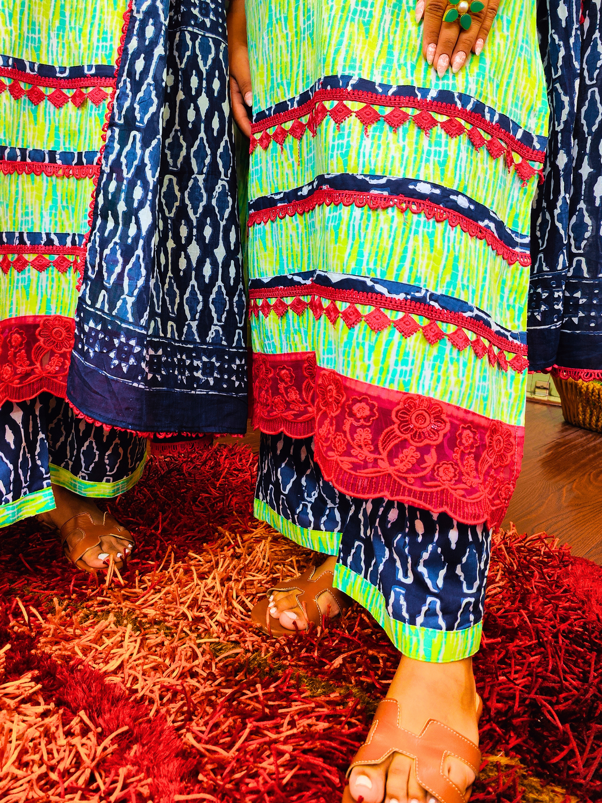 Green Digital Printed Cotton Italian Lace Stitched Suit Set