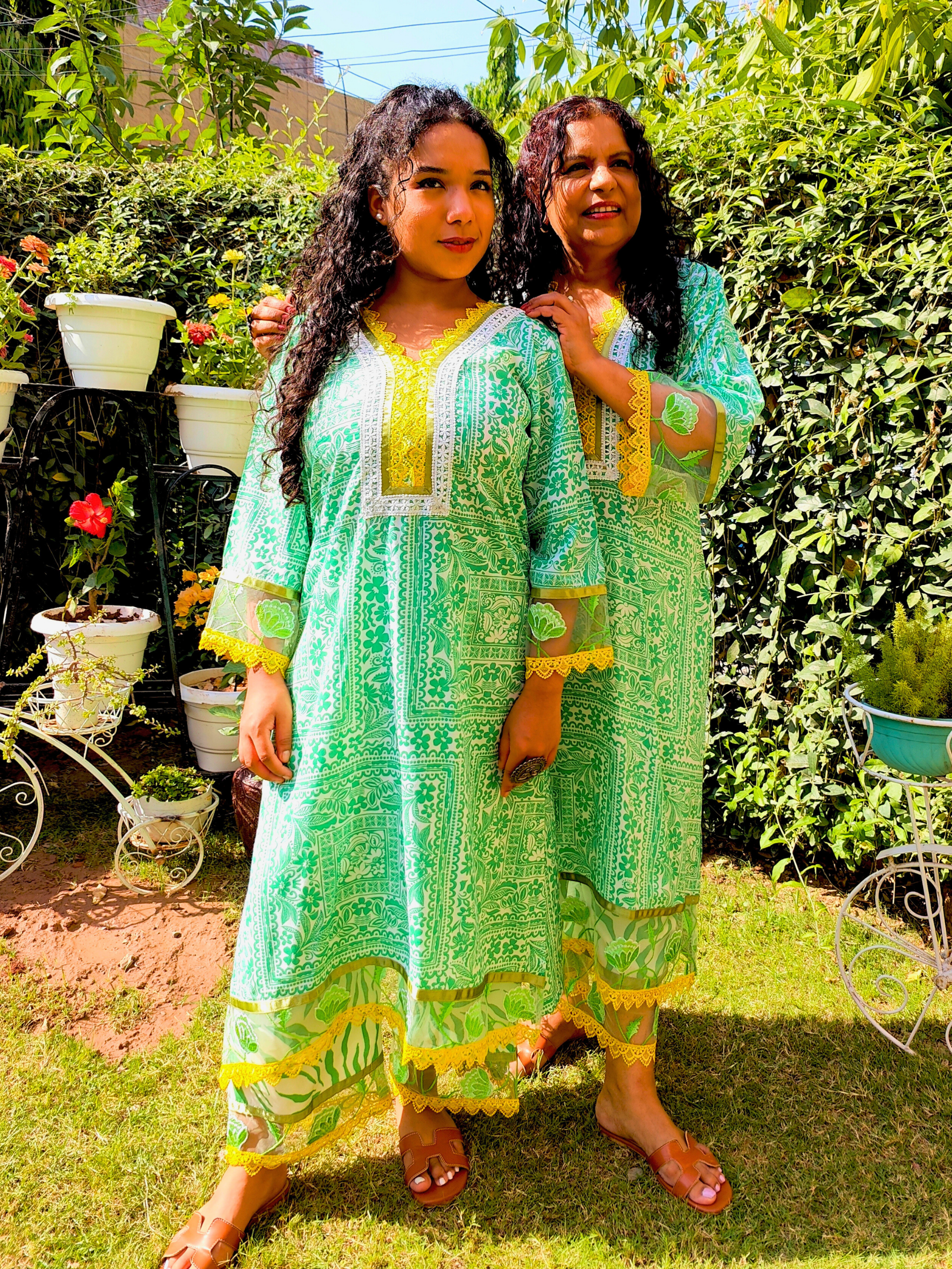 Green Floral Lace Cotton Stitched Co-Ord Set