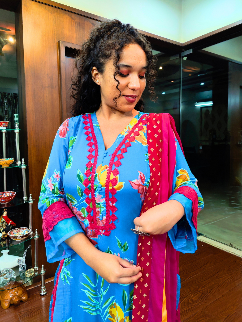 Sky Blue Magenta Floral Lace Cotton Stitched Suit Set