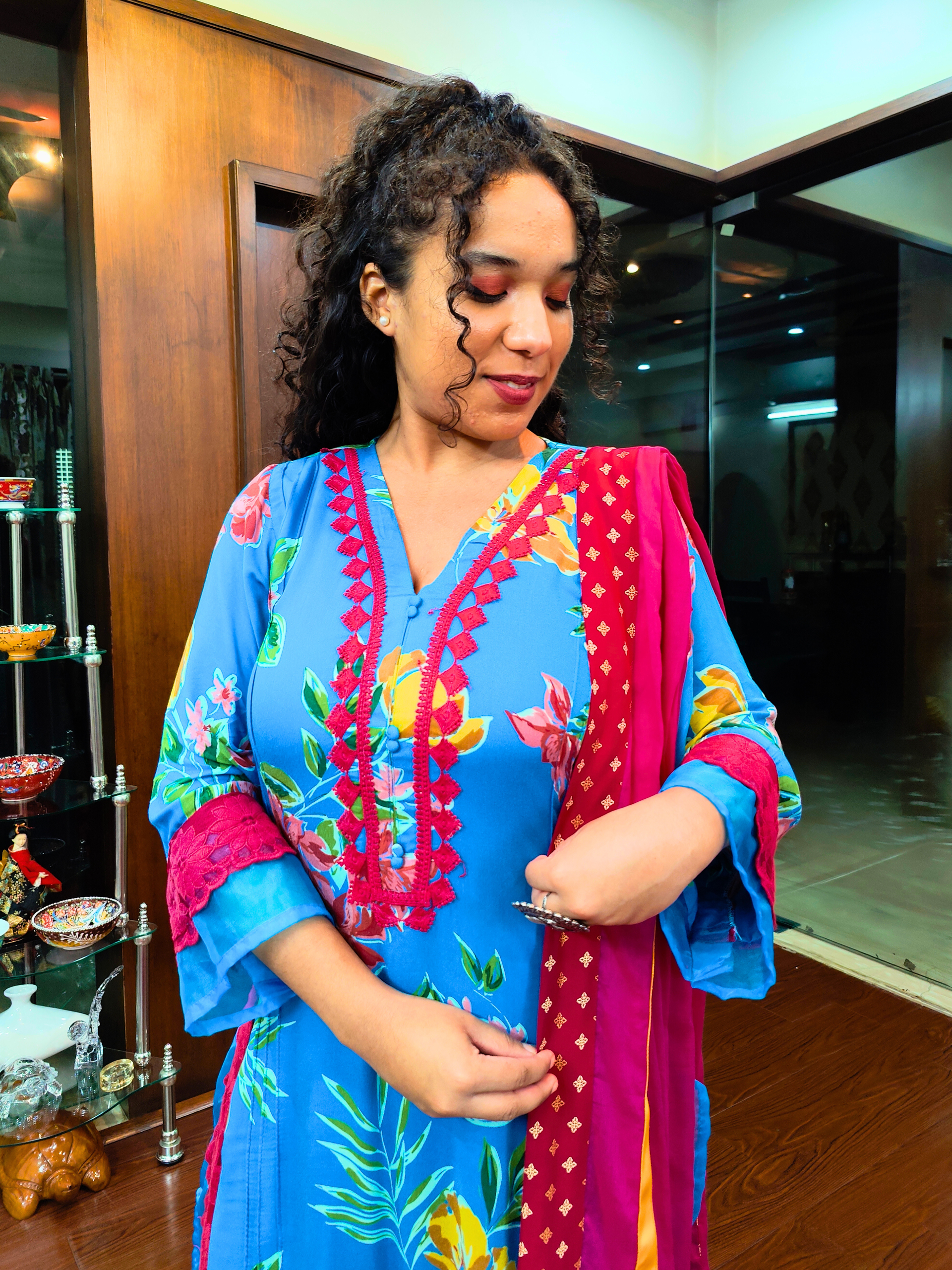 Sky Blue Magenta Floral Lace Cotton Stitched Suit Set