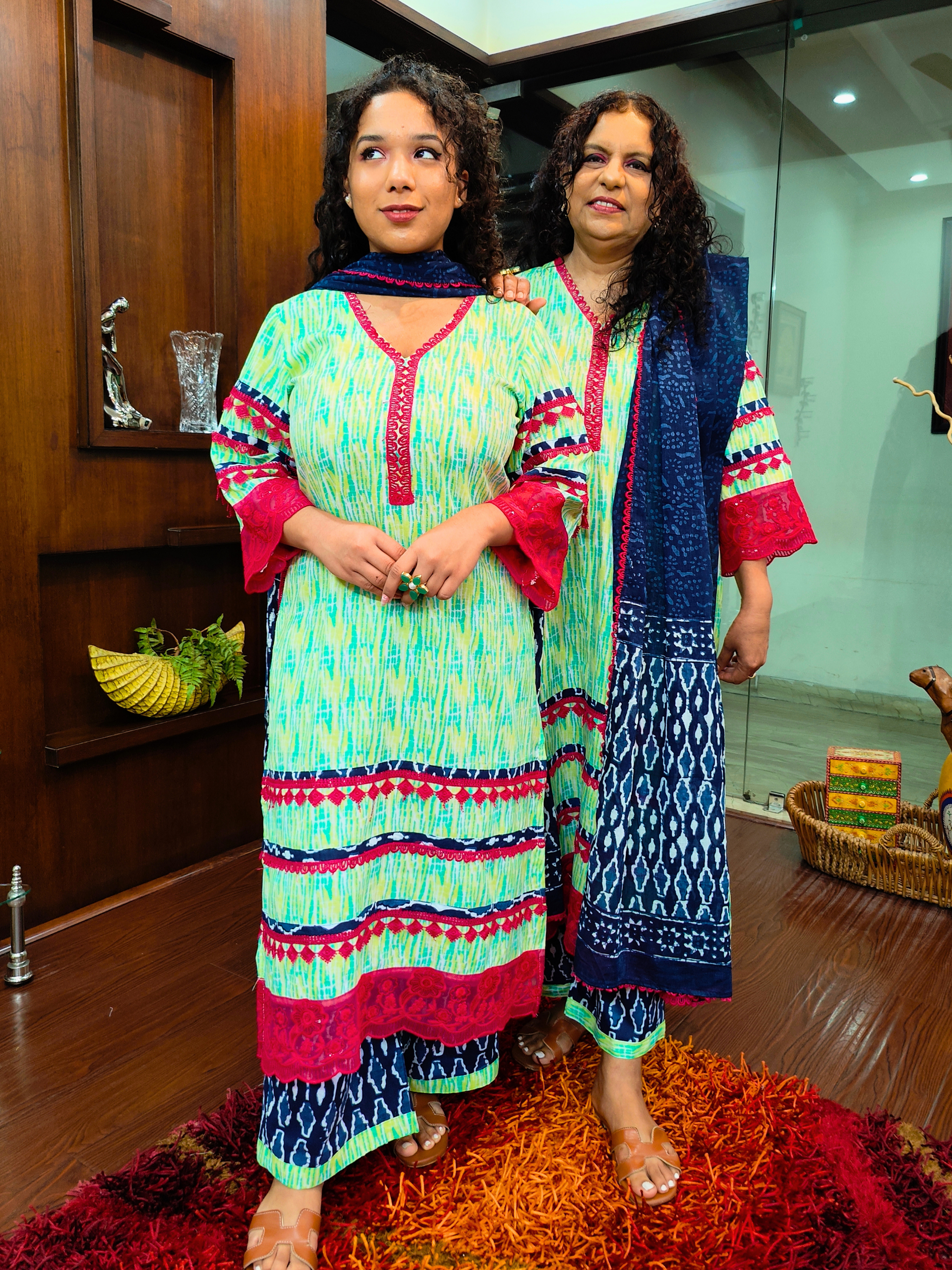 Green Digital Printed Cotton Italian Lace Stitched Suit Set