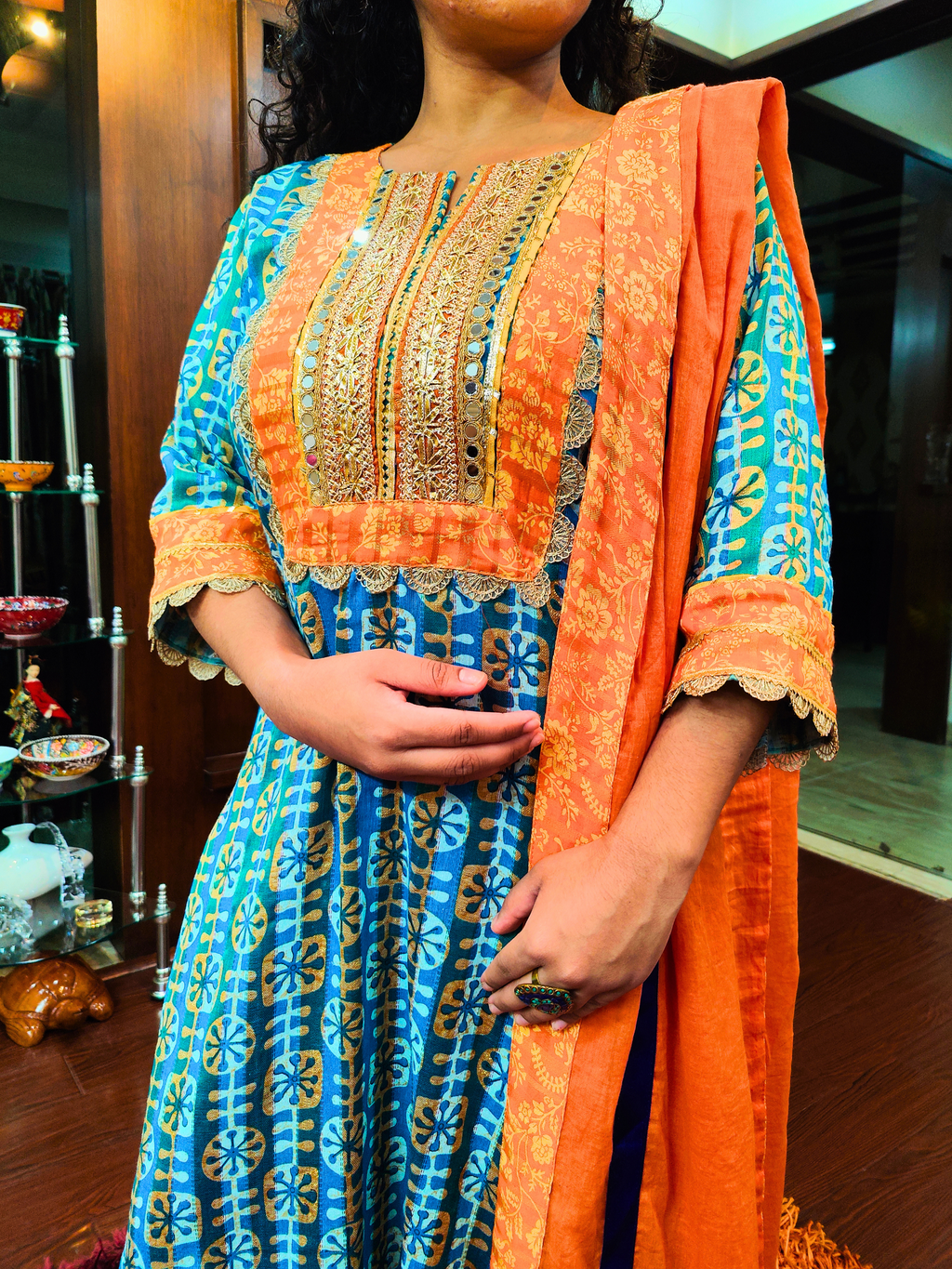 Green Digital Printed Mirror Gota Cotton Stitched Suit Set