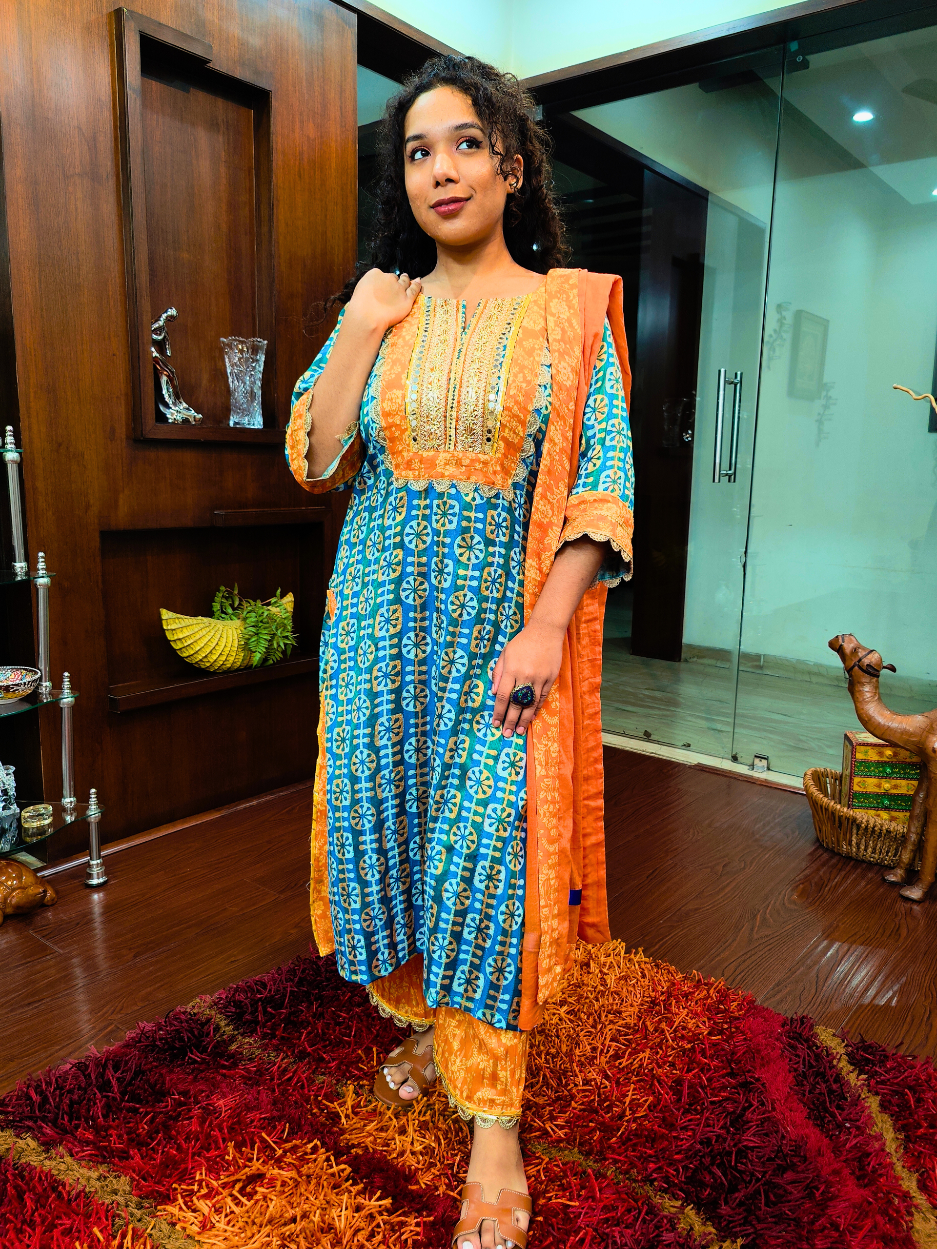 Green Digital Printed Mirror Gota Cotton Stitched Suit Set