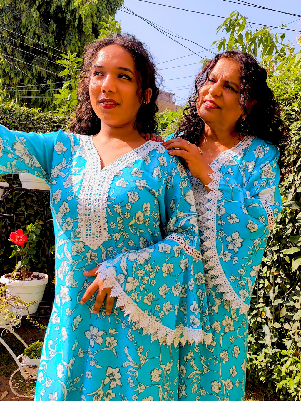 Sky Blue Handblock White Lace Cotton Stitched Co-Ord Set