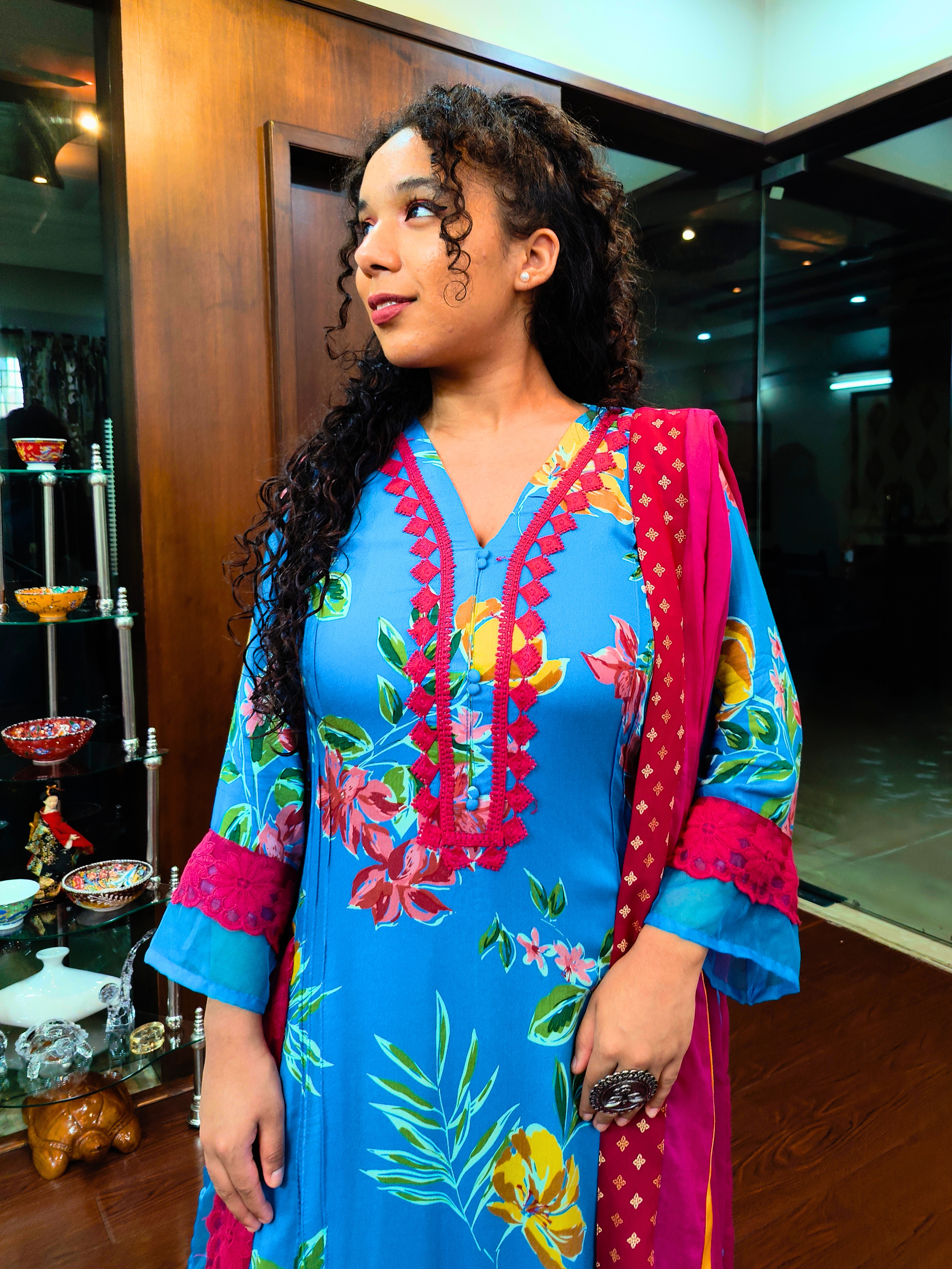 Sky Blue Magenta Floral Lace Cotton Stitched Suit Set