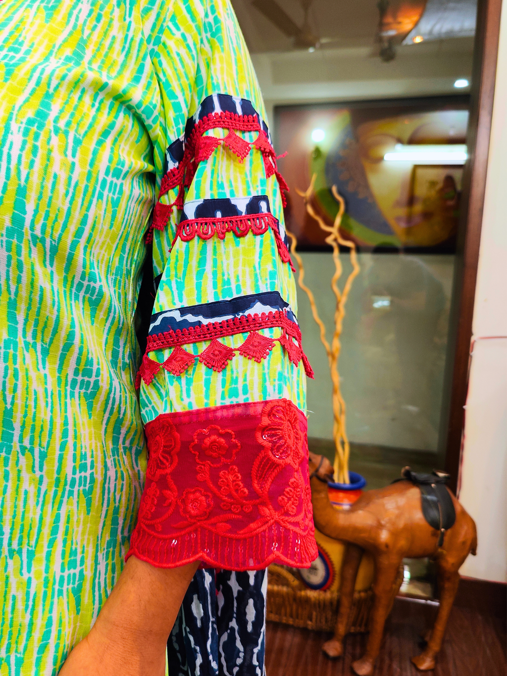 Green Digital Printed Cotton Italian Lace Stitched Suit Set