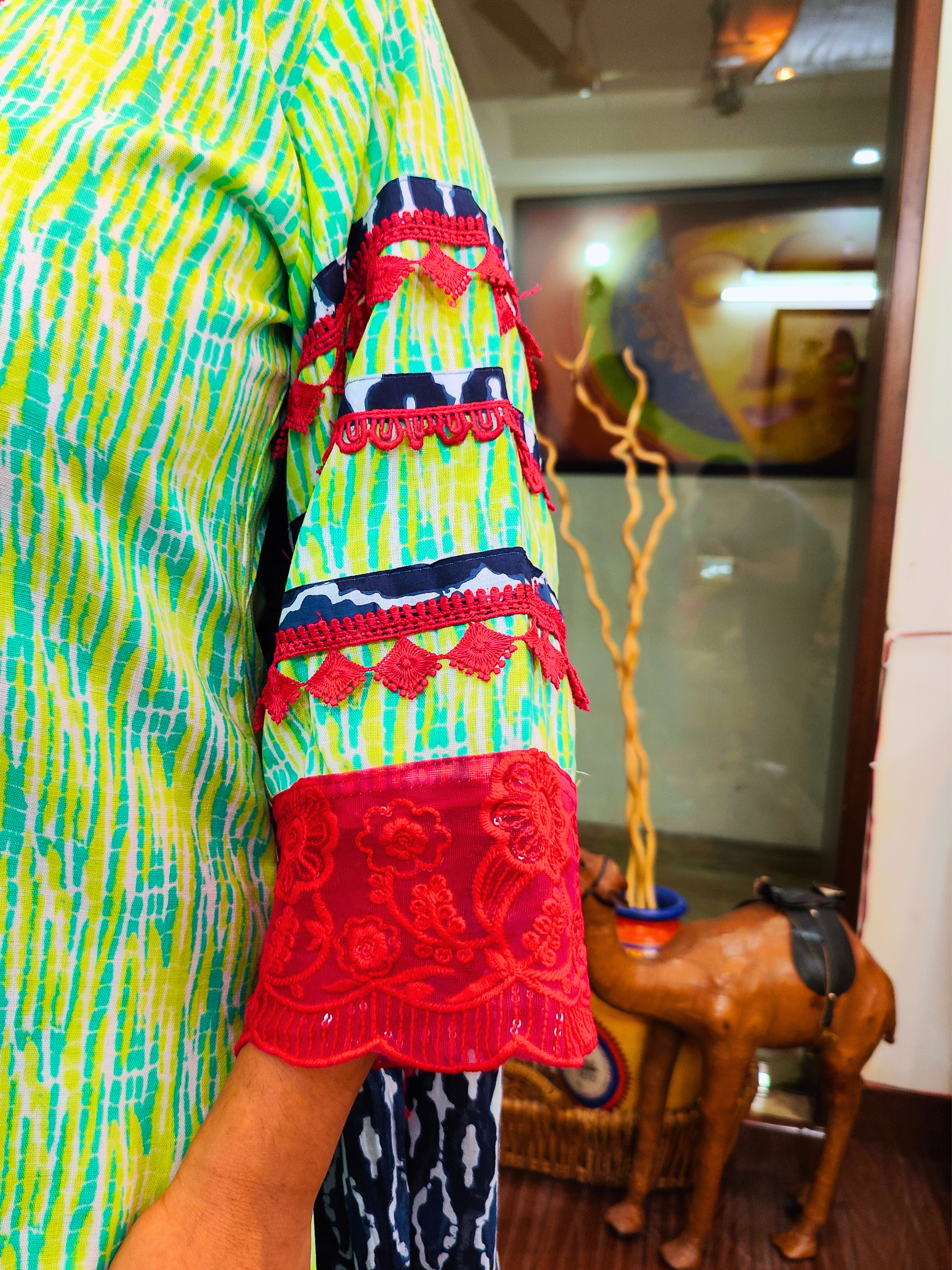 Green Digital Printed Cotton Italian Lace Stitched Suit Set