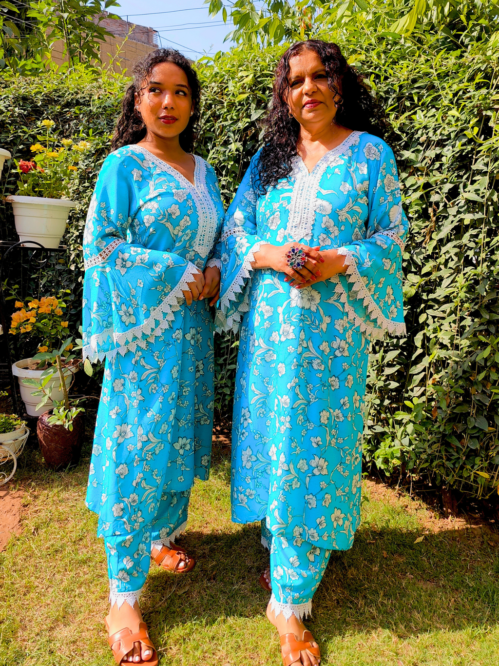 Sky Blue Handblock White Lace Cotton Stitched Co-Ord Set