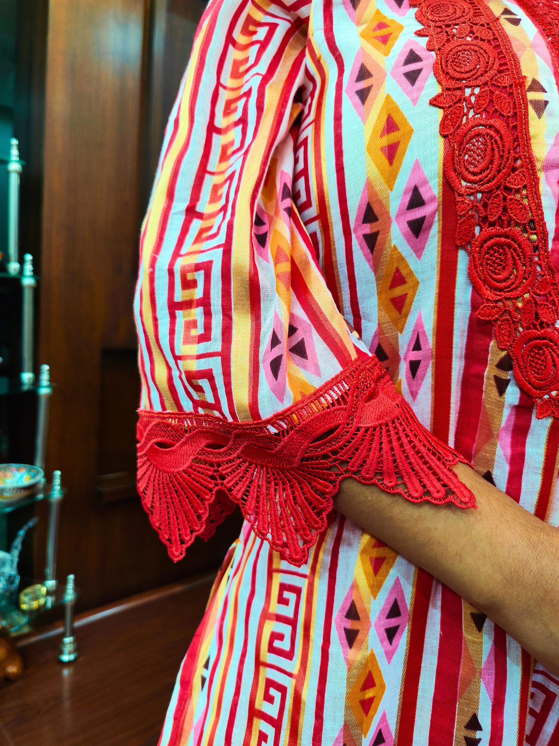 White Multi Coloured Red Lace Cotton Stitched Suit Set