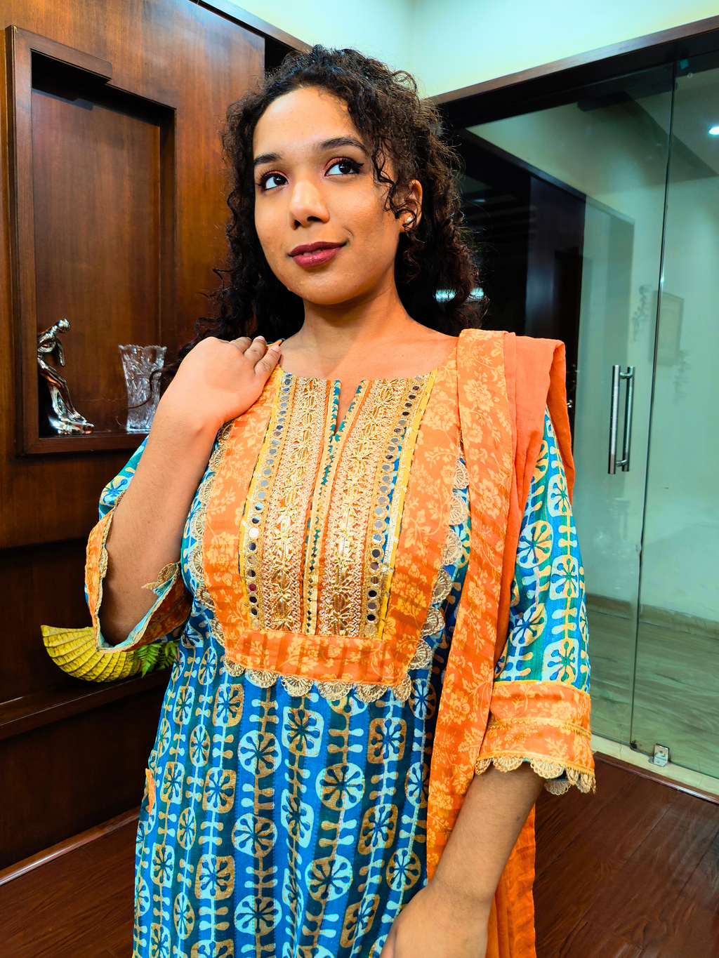 Green Digital Printed Mirror Gota Cotton Stitched Suit Set