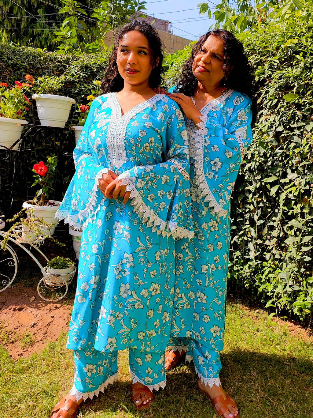 Sky Blue Handblock White Lace Cotton Stitched Co-Ord Set