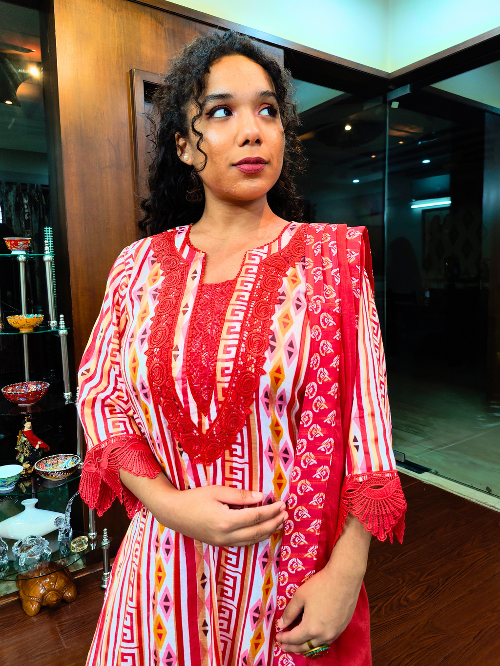 White Multi Coloured Red Lace Cotton Stitched Suit Set