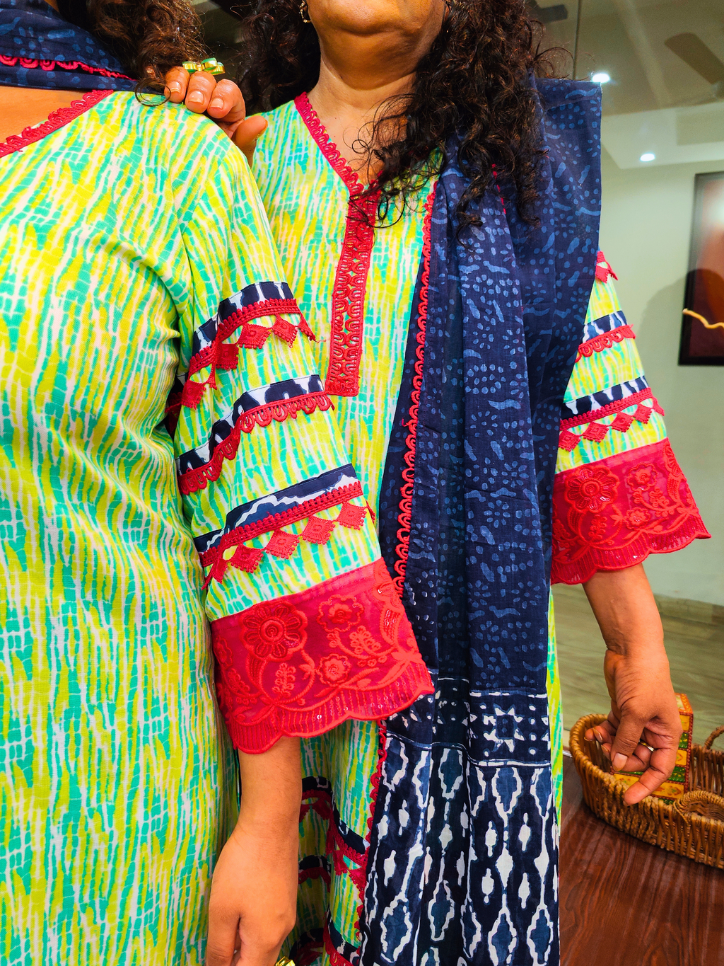 Green Digital Printed Cotton Italian Lace Stitched Suit Set