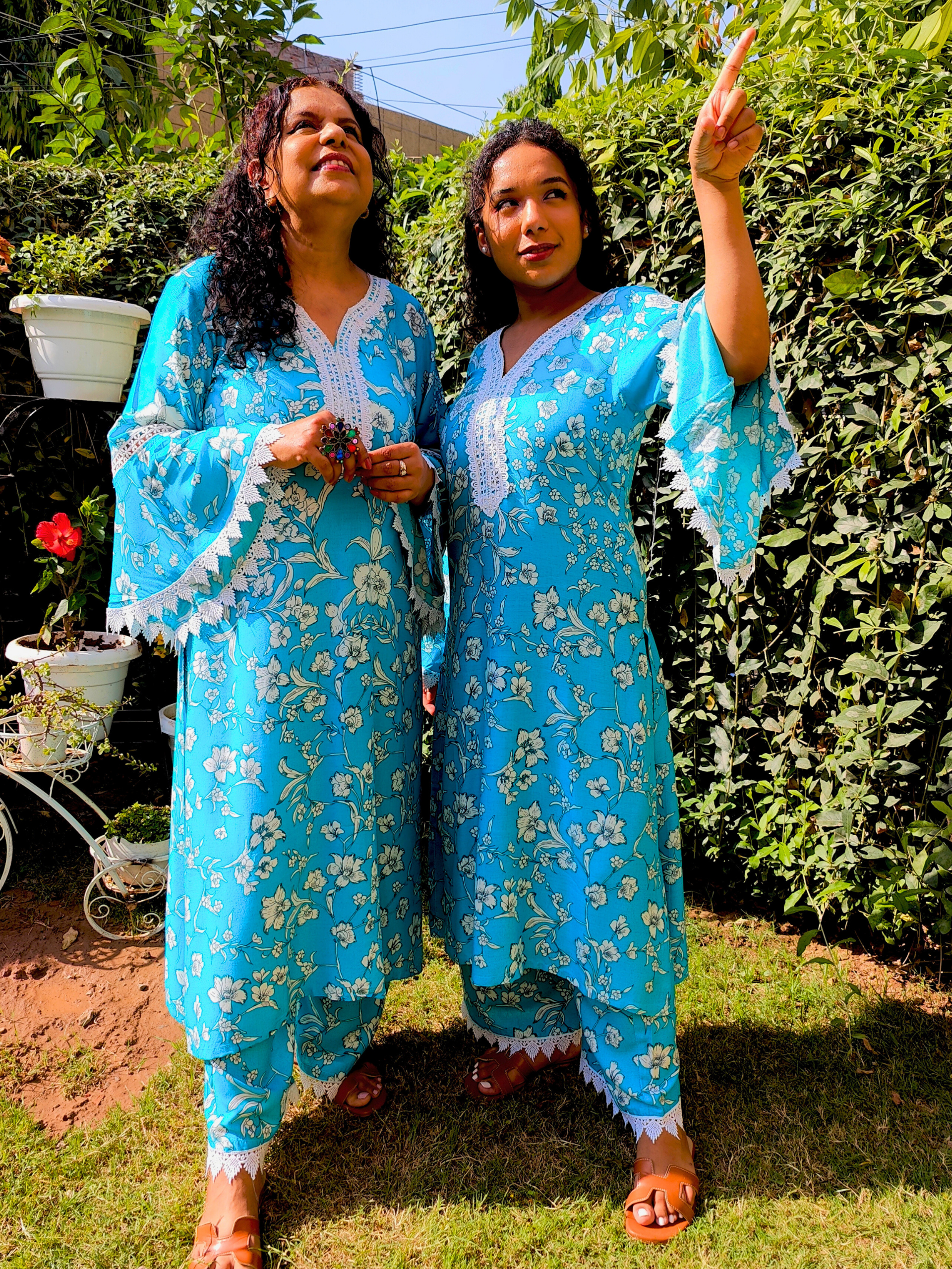 Sky Blue Handblock White Lace Cotton Stitched Co-Ord Set