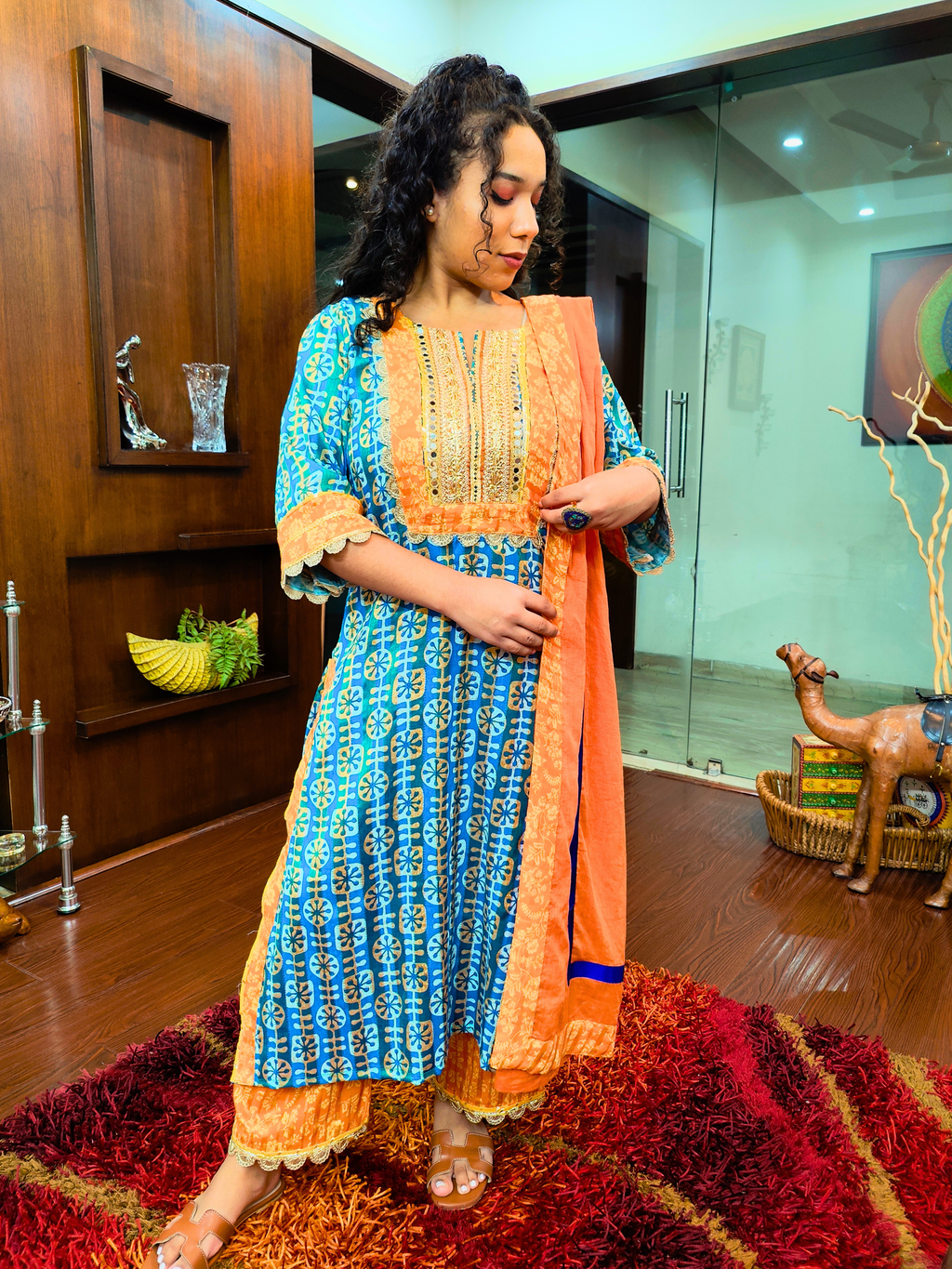 Green Digital Printed Mirror Gota Cotton Stitched Suit Set