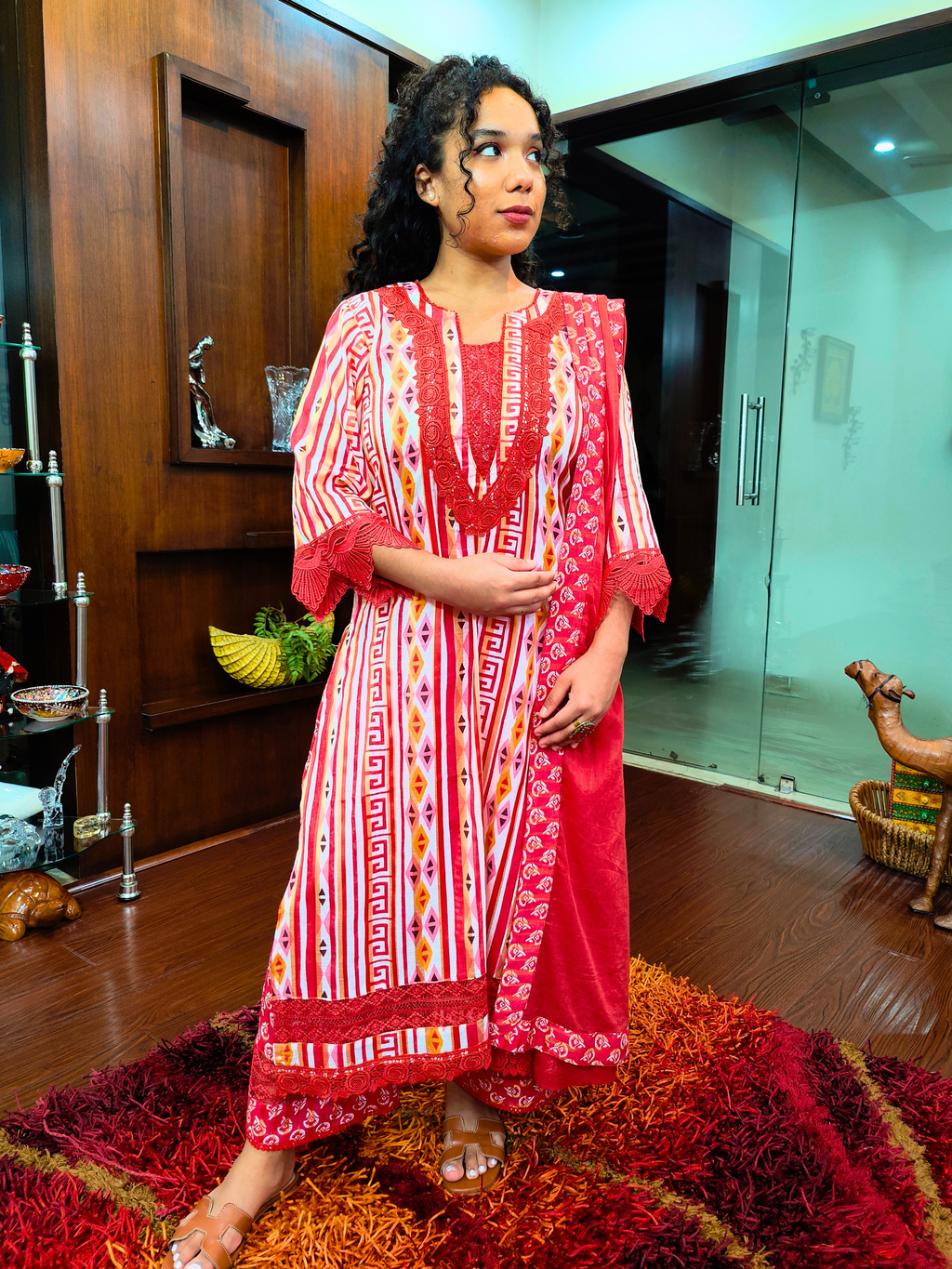 White Multi Coloured Red Lace Cotton Stitched Suit Set