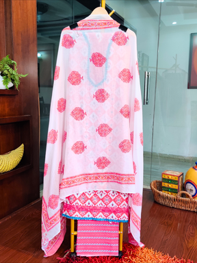 Cream and Pink Cotton Unstitched Dress Material Suit Set