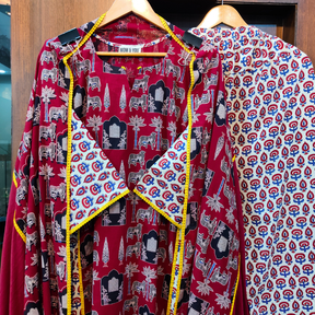 Maroon Ajrakh Yellow Lace Cotton Stitched Suit Set