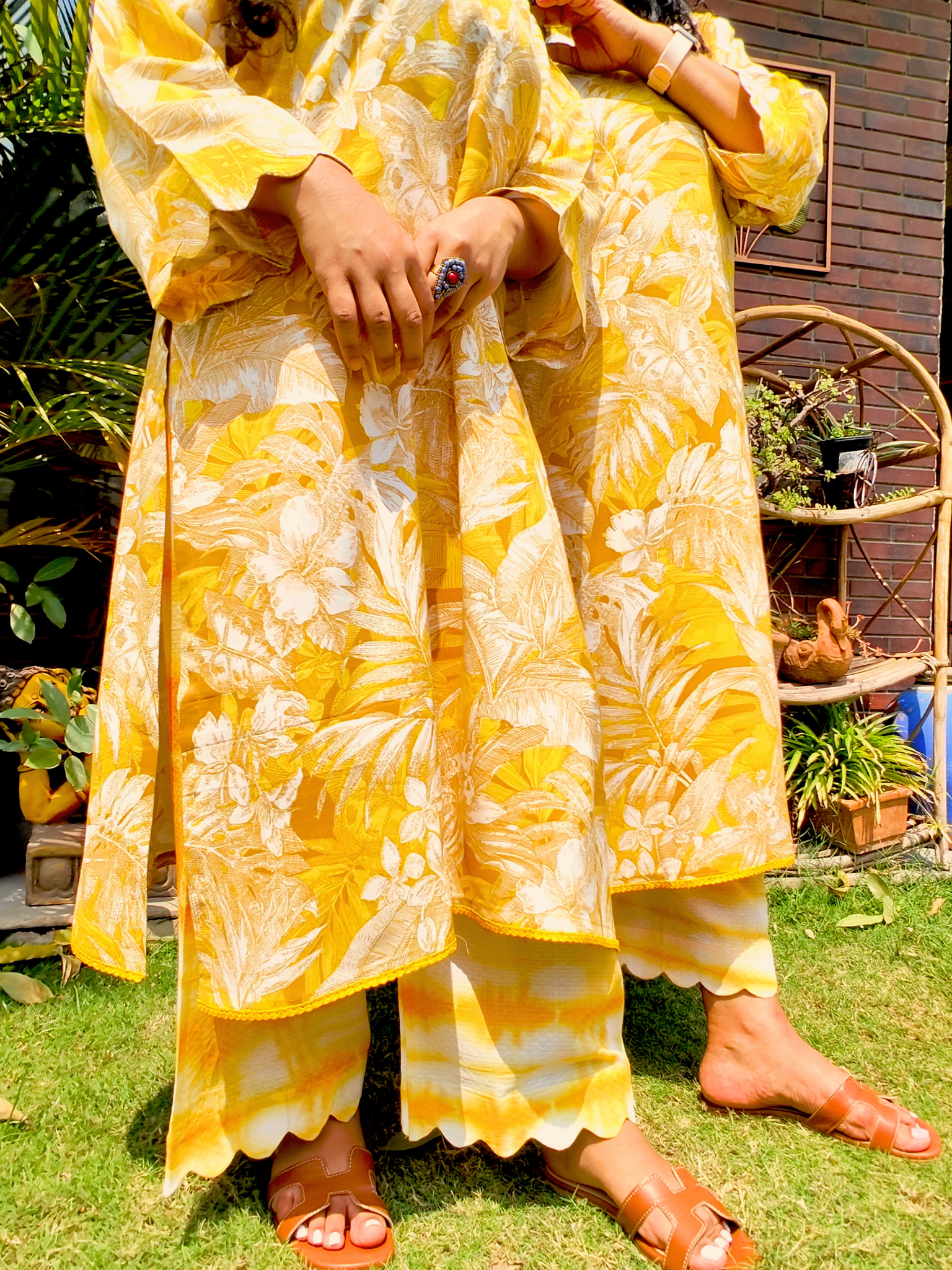 Yellow Digital Printed Cotton Yellow Lace Stitched Co-Ord Set