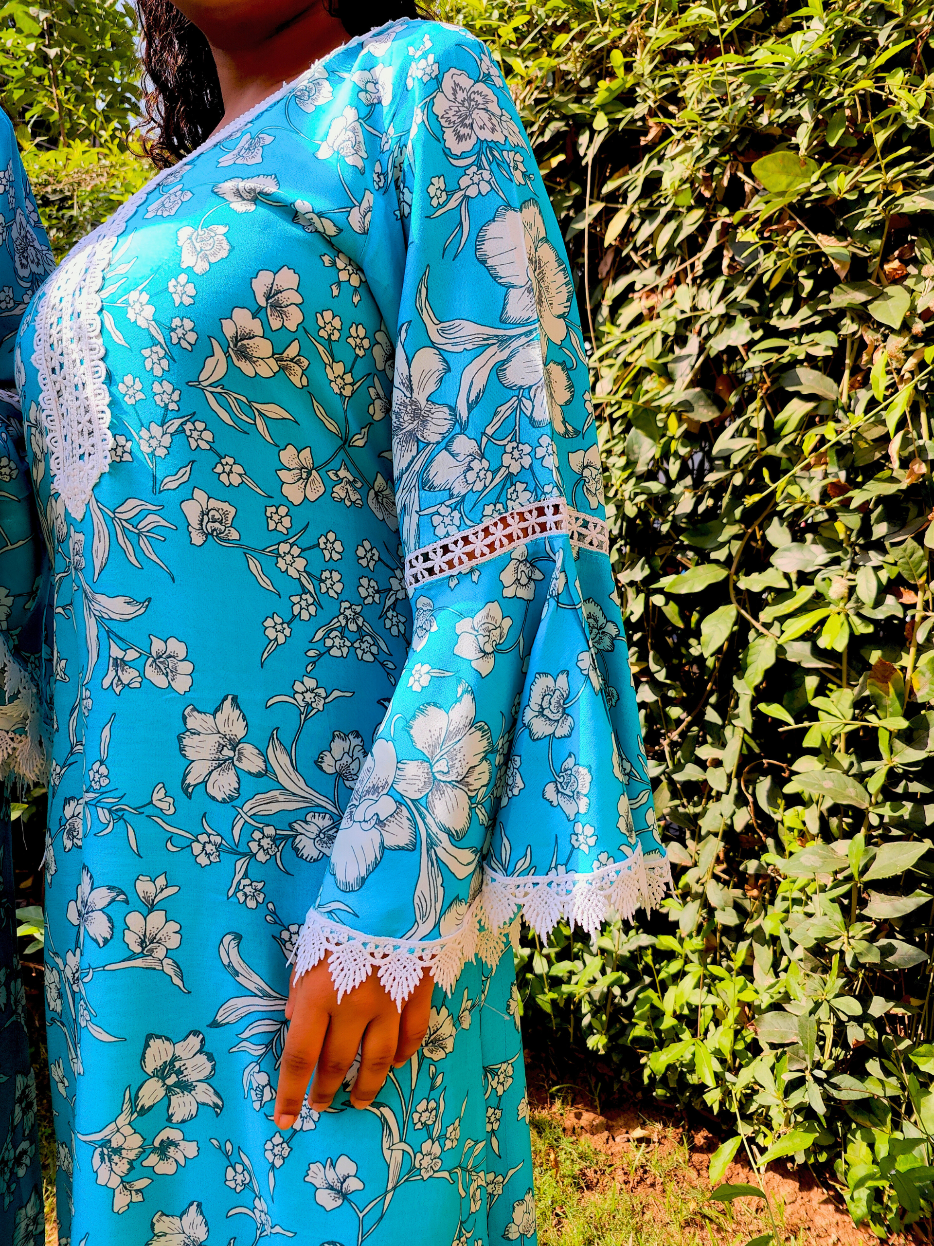 Sky Blue Handblock White Lace Cotton Stitched Co-Ord Set