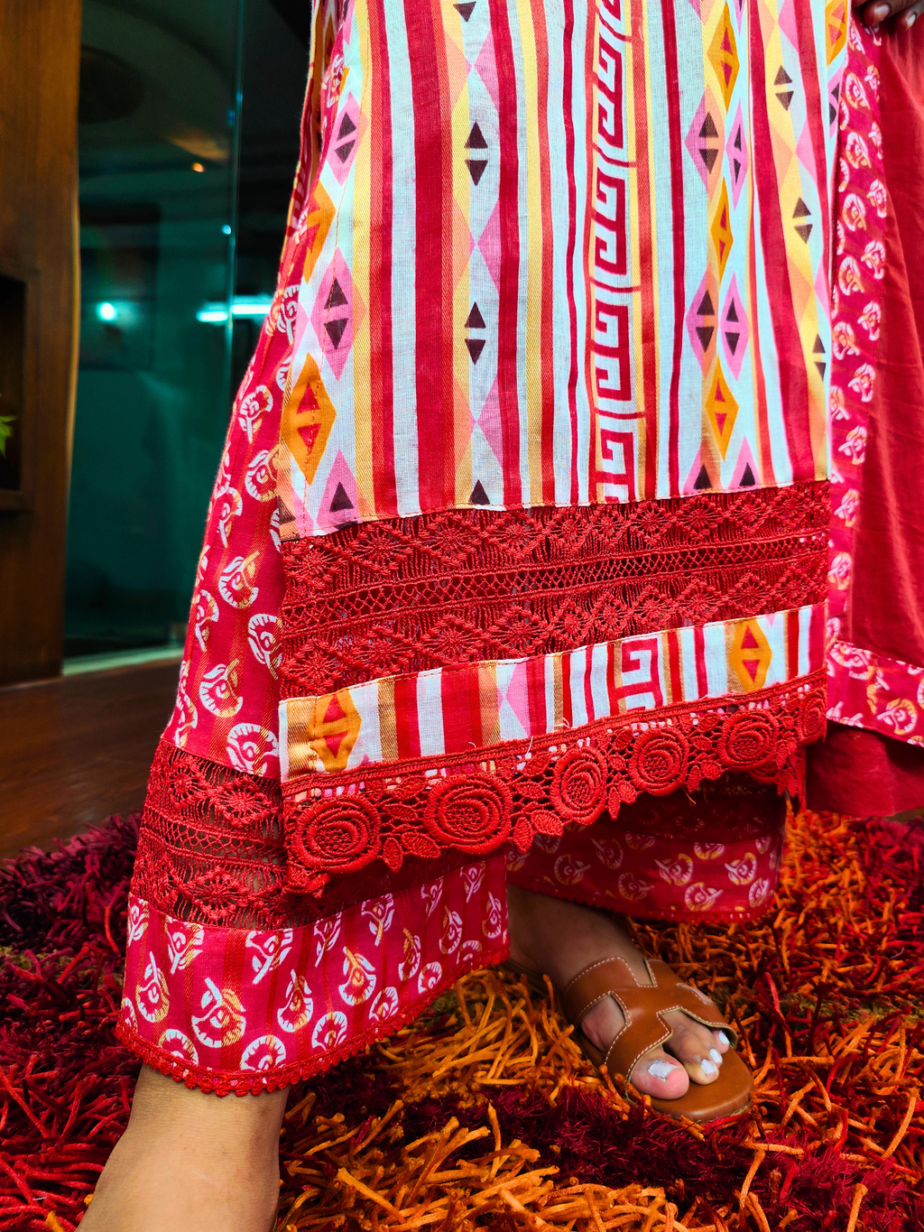 White Multi Coloured Red Lace Cotton Stitched Suit Set