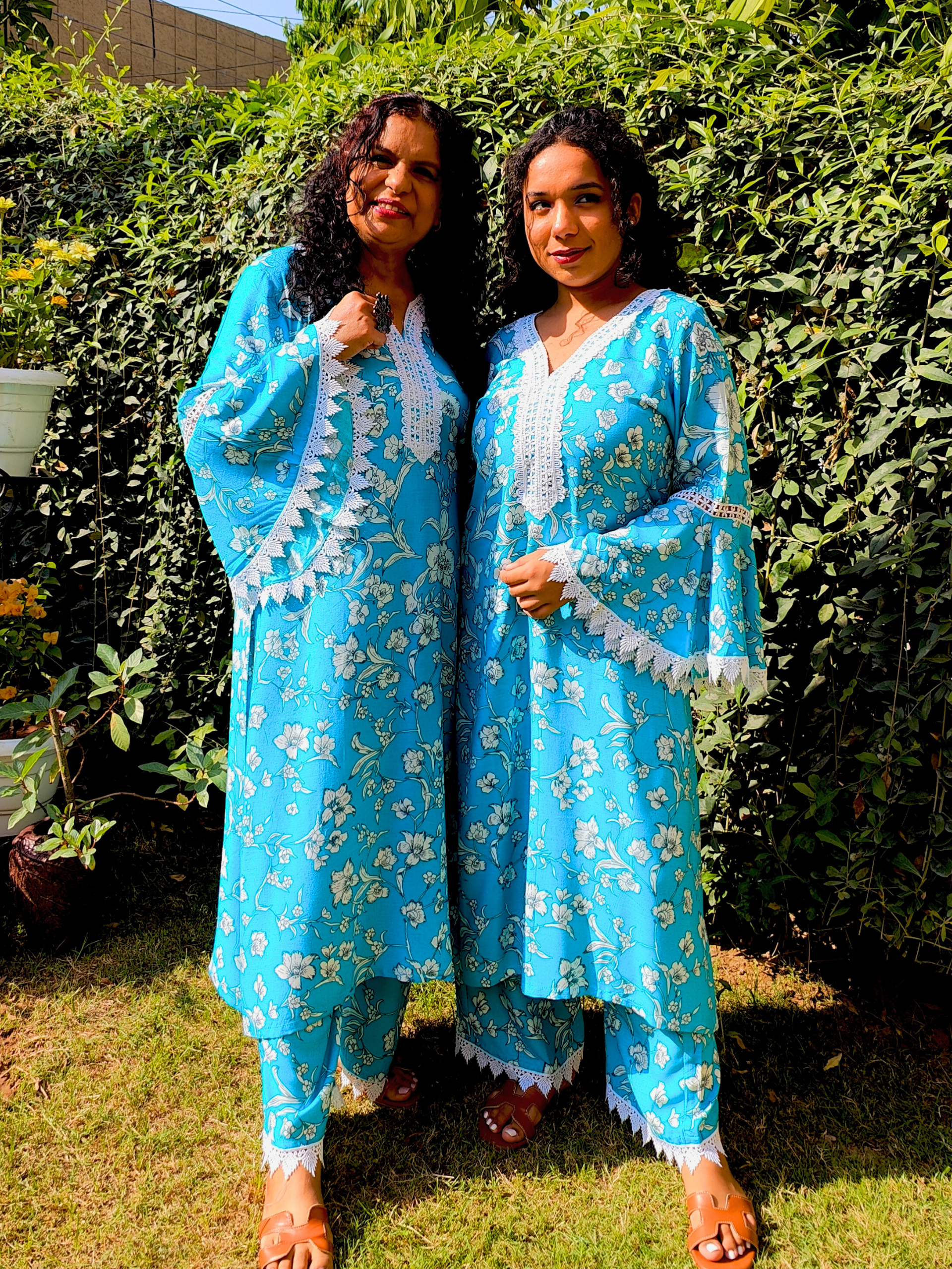 Sky Blue Handblock White Lace Cotton Stitched Co-Ord Set