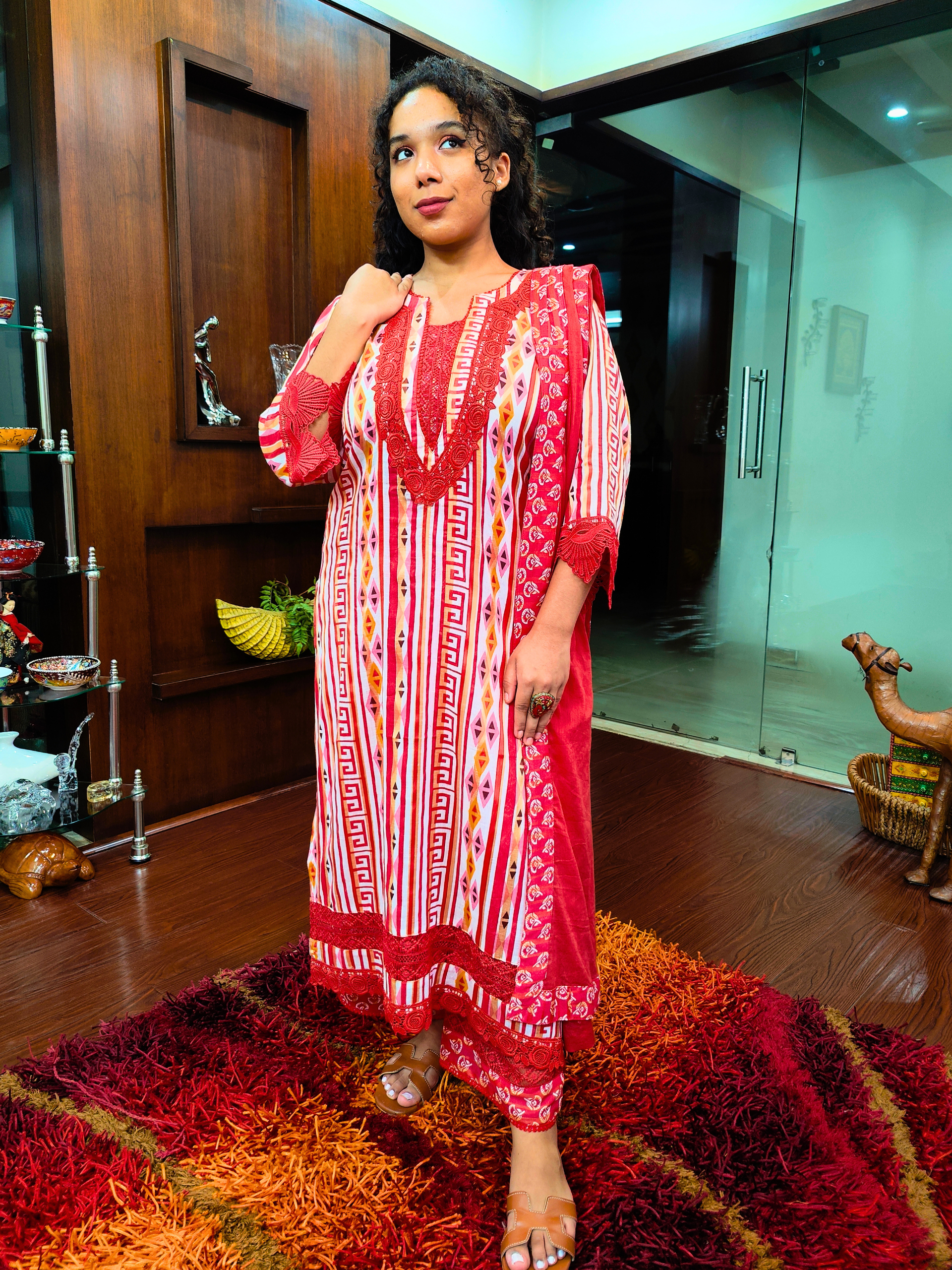 White Multi Coloured Red Lace Cotton Stitched Suit Set