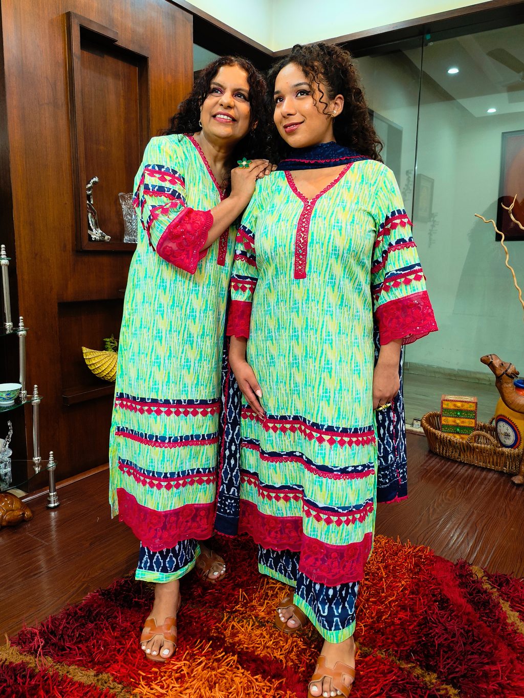 Green Digital Printed Cotton Italian Lace Stitched Suit Set