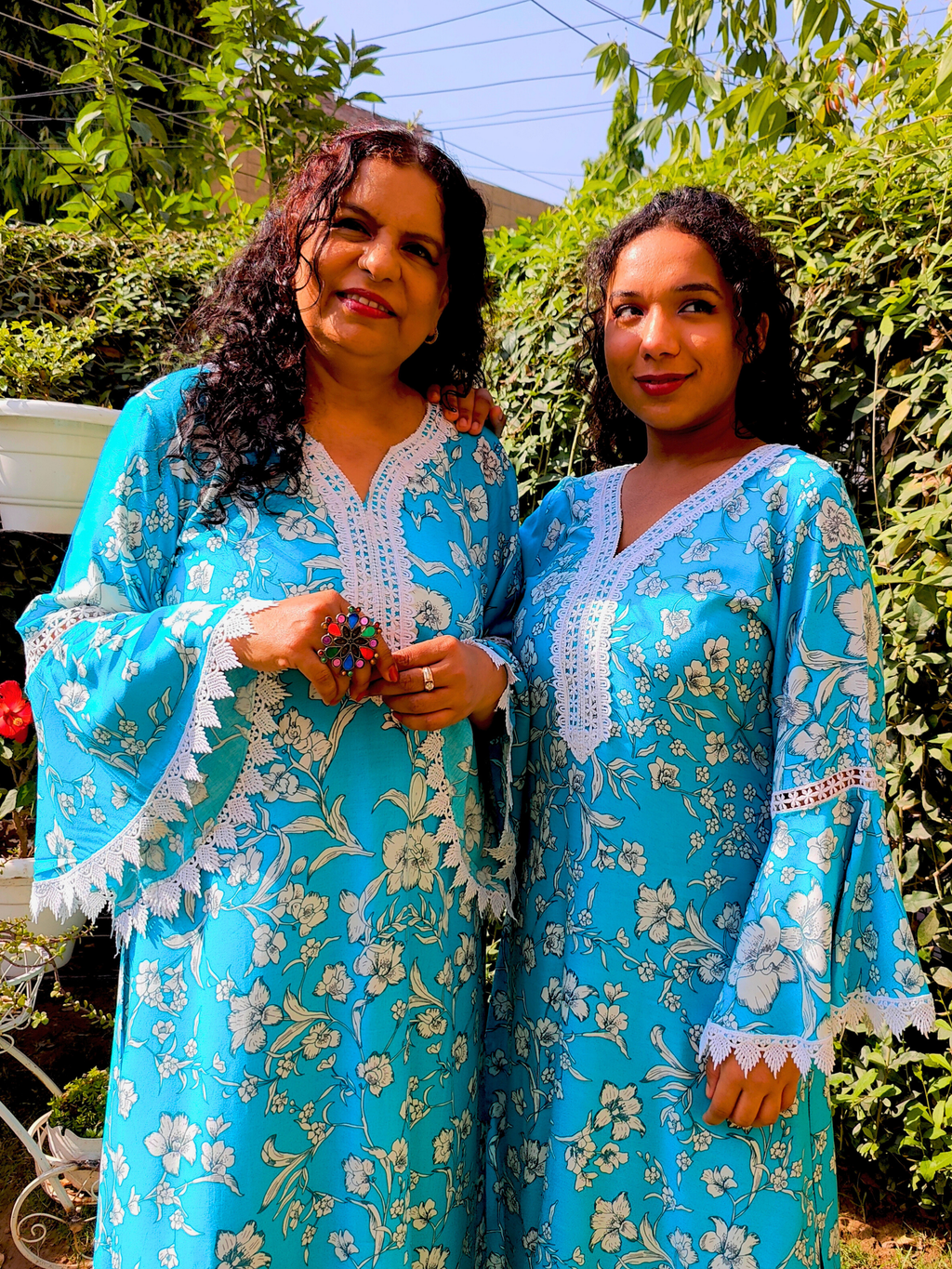 Sky Blue Handblock White Lace Cotton Stitched Co-Ord Set