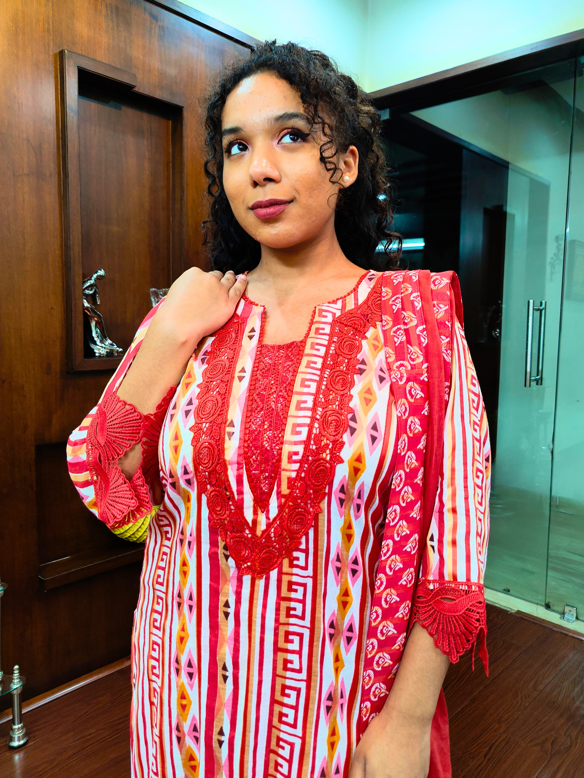 White Multi Coloured Red Lace Cotton Stitched Suit Set