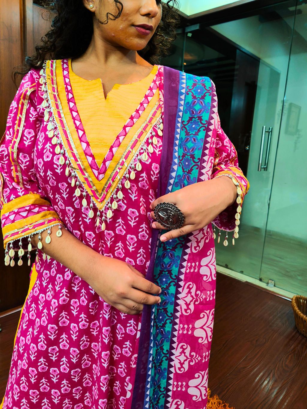 Magenta Digital Printed Silver Gota Cotton Stitched Suit Set