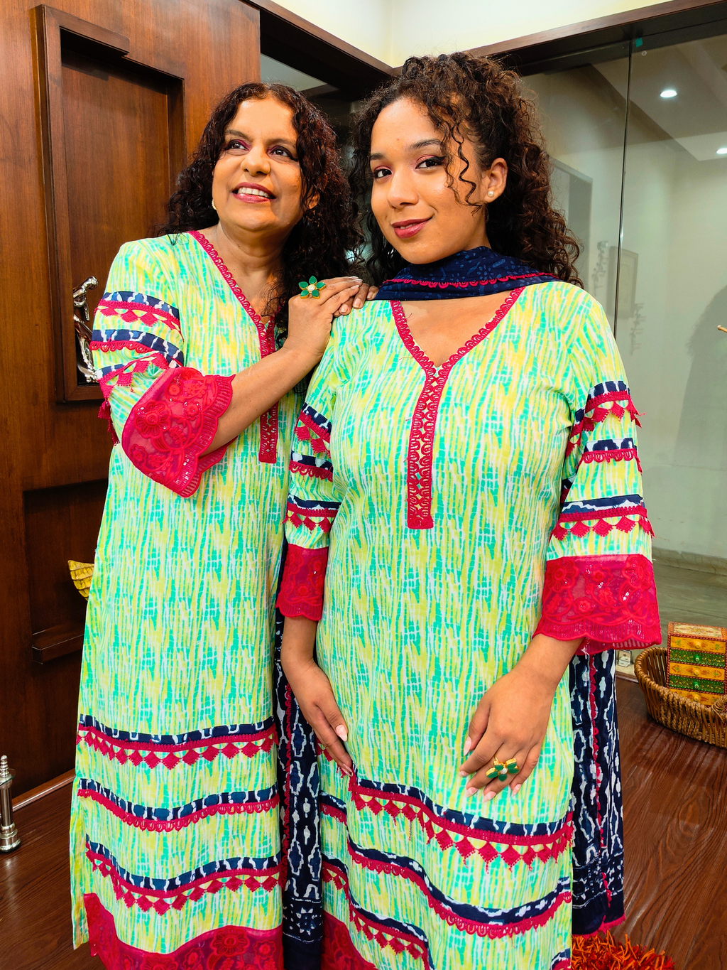 Green Digital Printed Cotton Italian Lace Stitched Suit Set