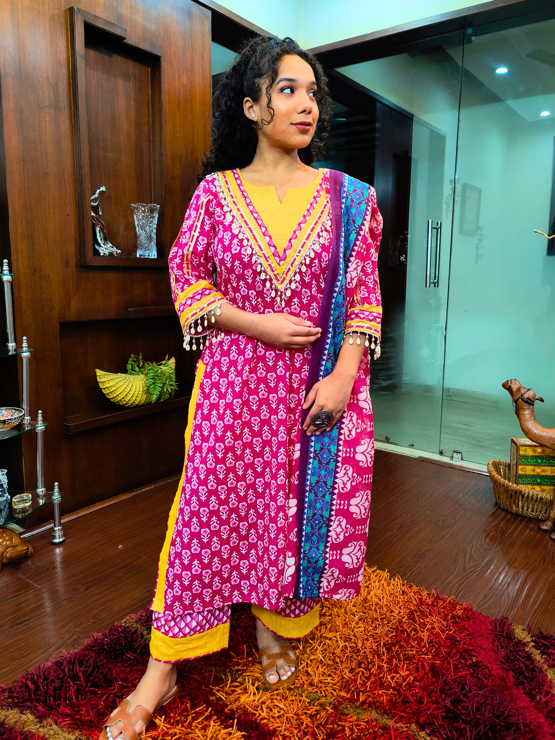 Magenta Digital Printed Silver Gota Cotton Stitched Suit Set