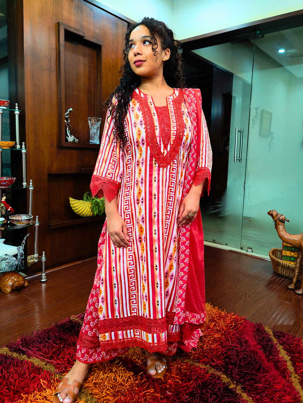 White Multi Coloured Red Lace Cotton Stitched Suit Set