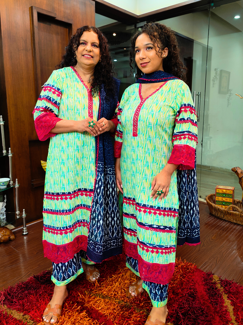 Green Digital Printed Cotton Italian Lace Stitched Suit Set