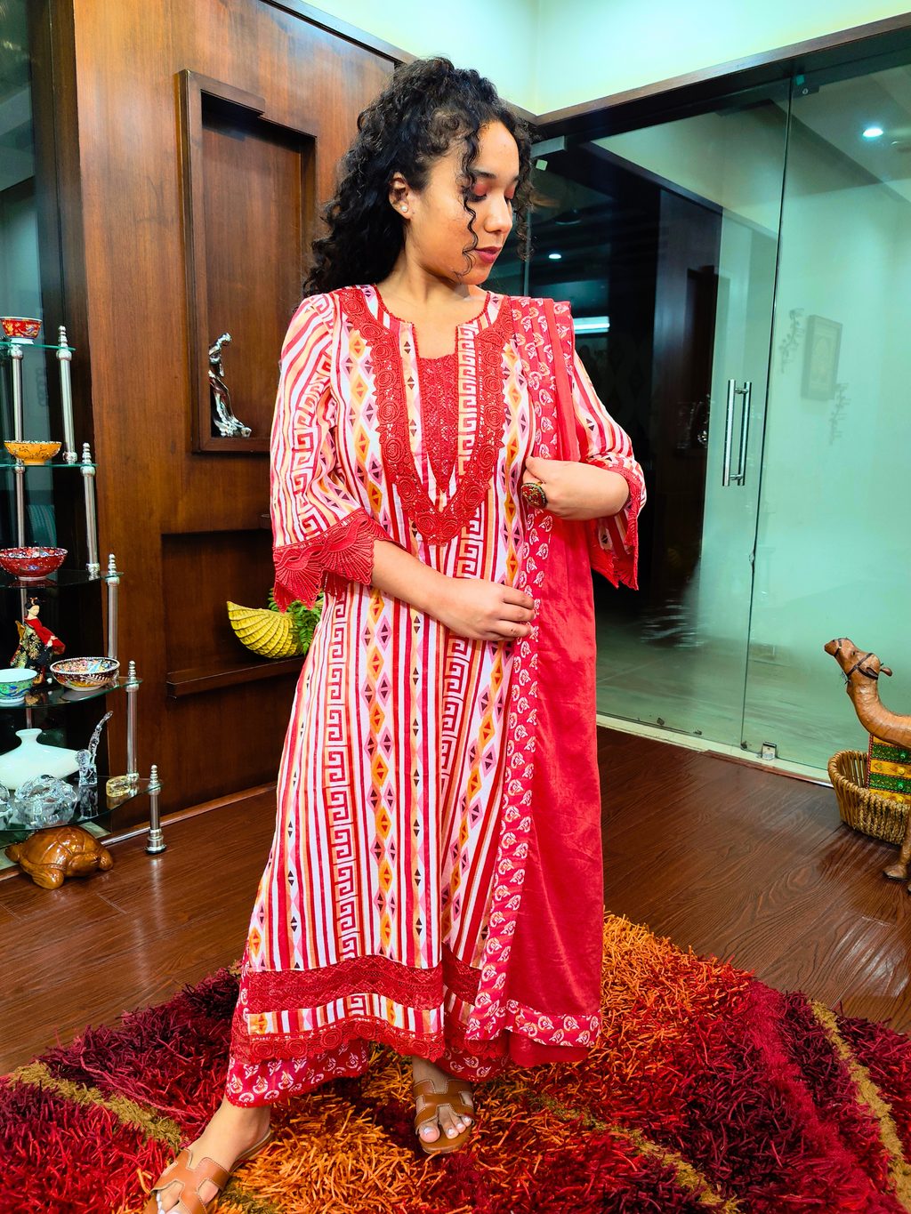 White Multi Coloured Red Lace Cotton Stitched Suit Set