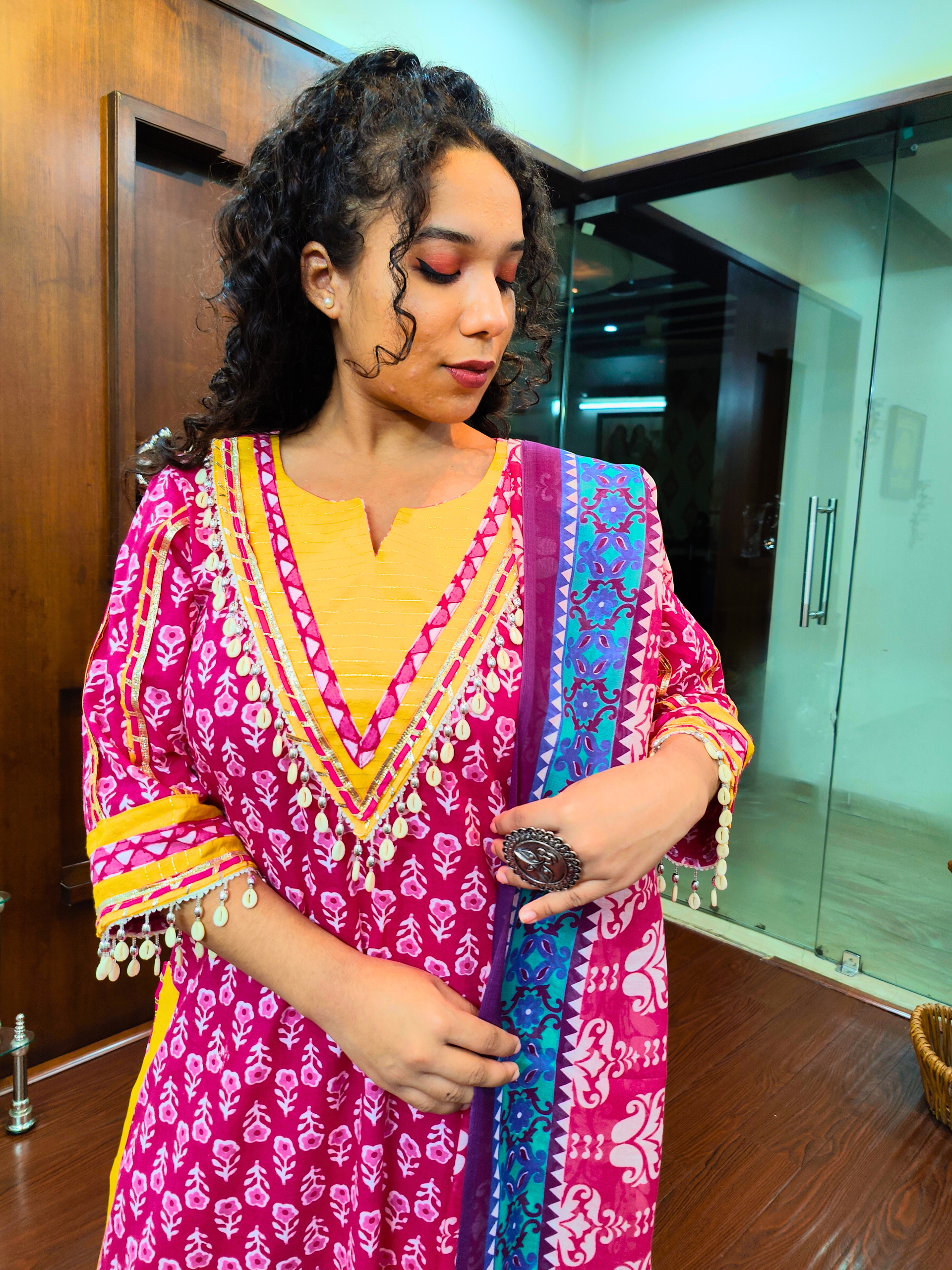 Magenta Digital Printed Silver Gota Cotton Stitched Suit Set