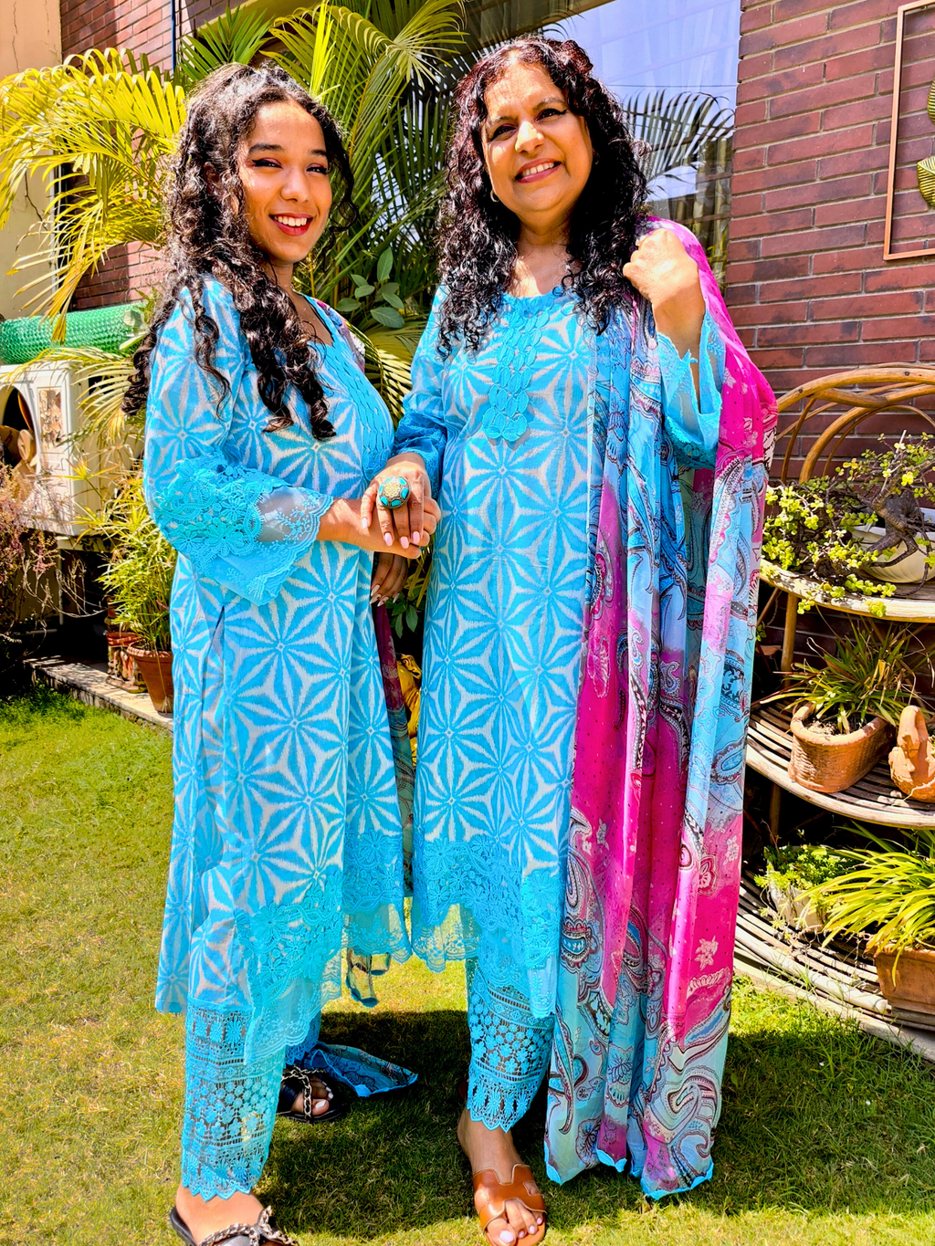 Sky Blue Cotton Italian Lace Stitched Suit Set