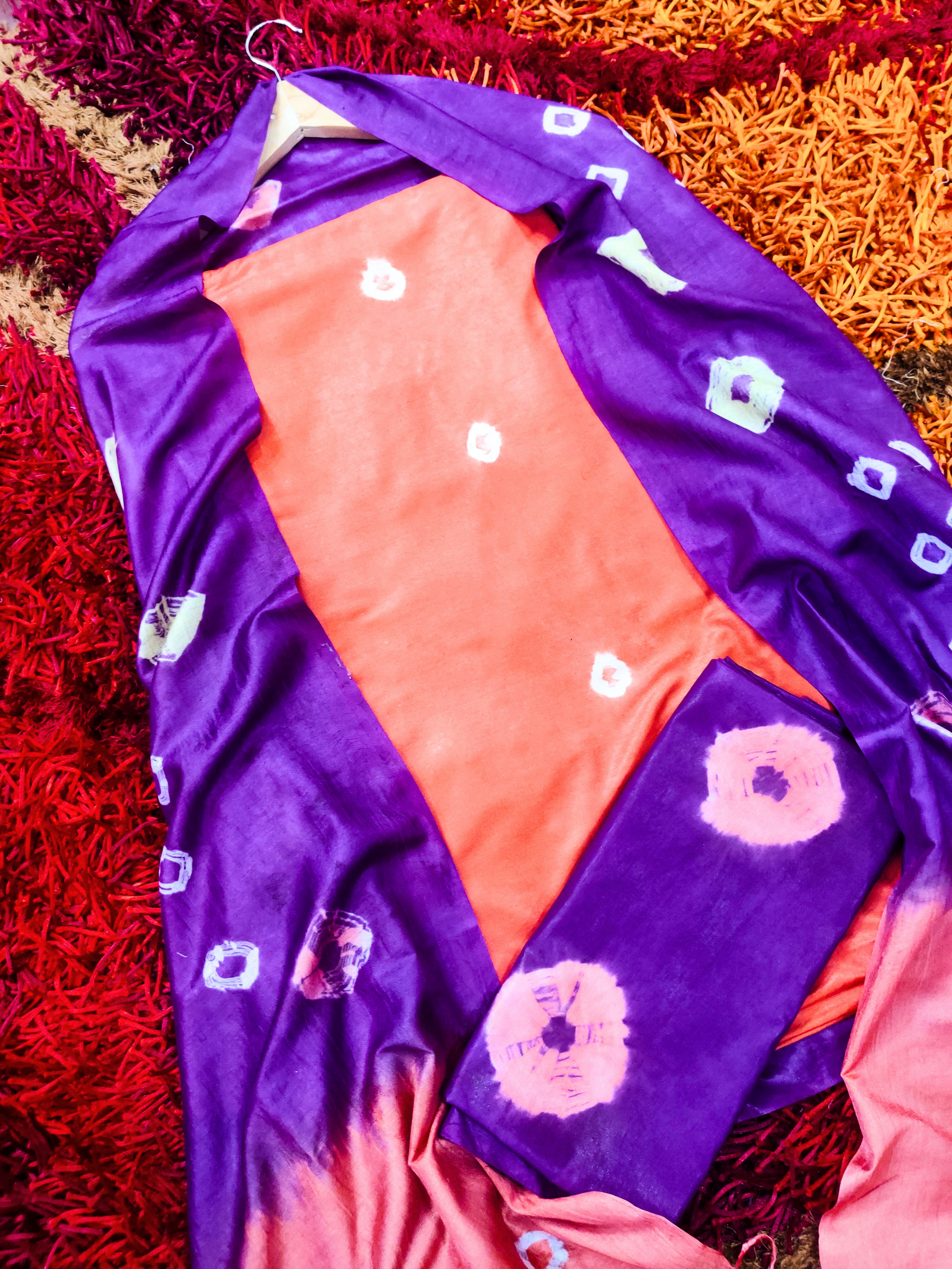 Peach Bandhej Silk Cotton Unstitched Dress Material Suit Set