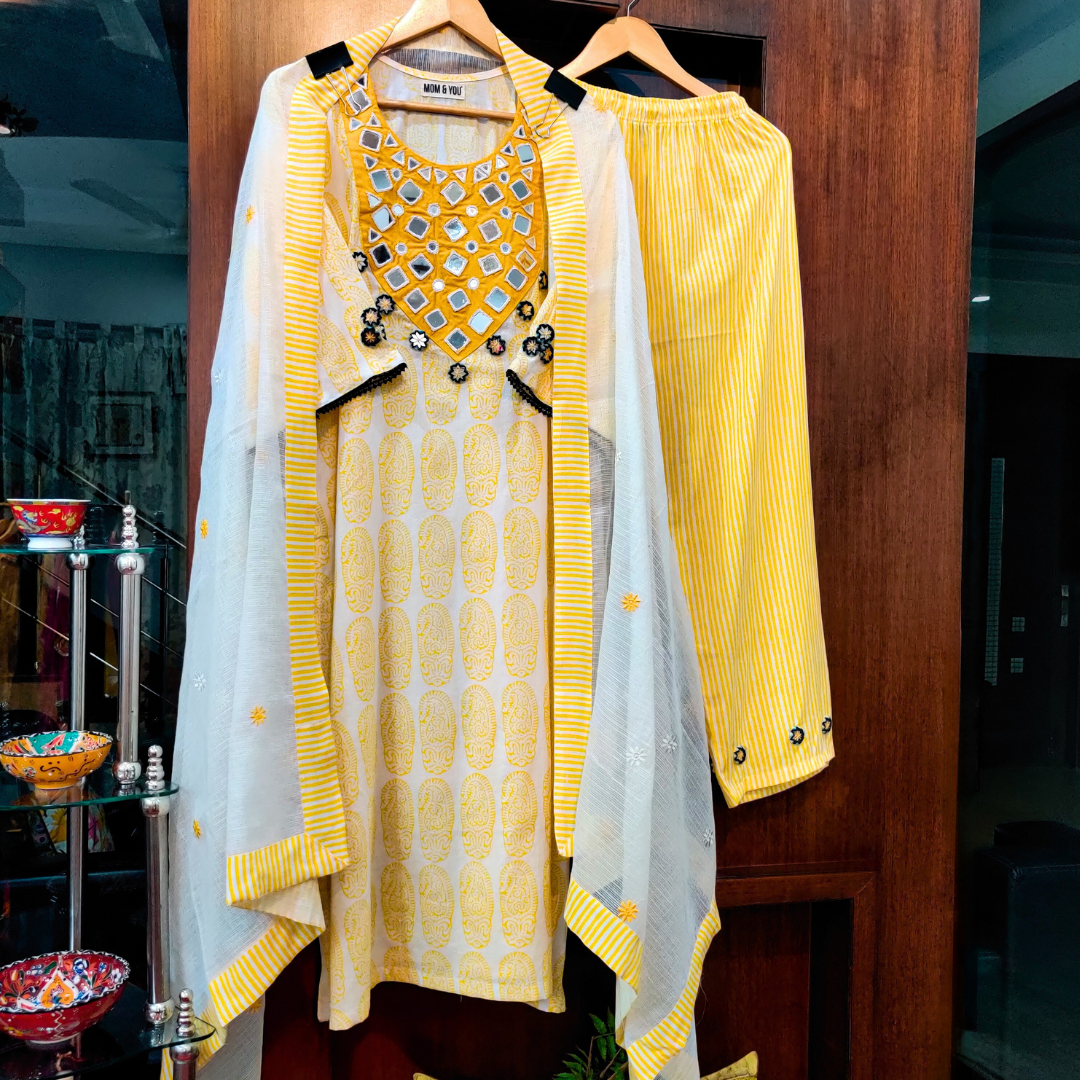 Yellow Handblock Mirror Embroidered Stitched Suit Set