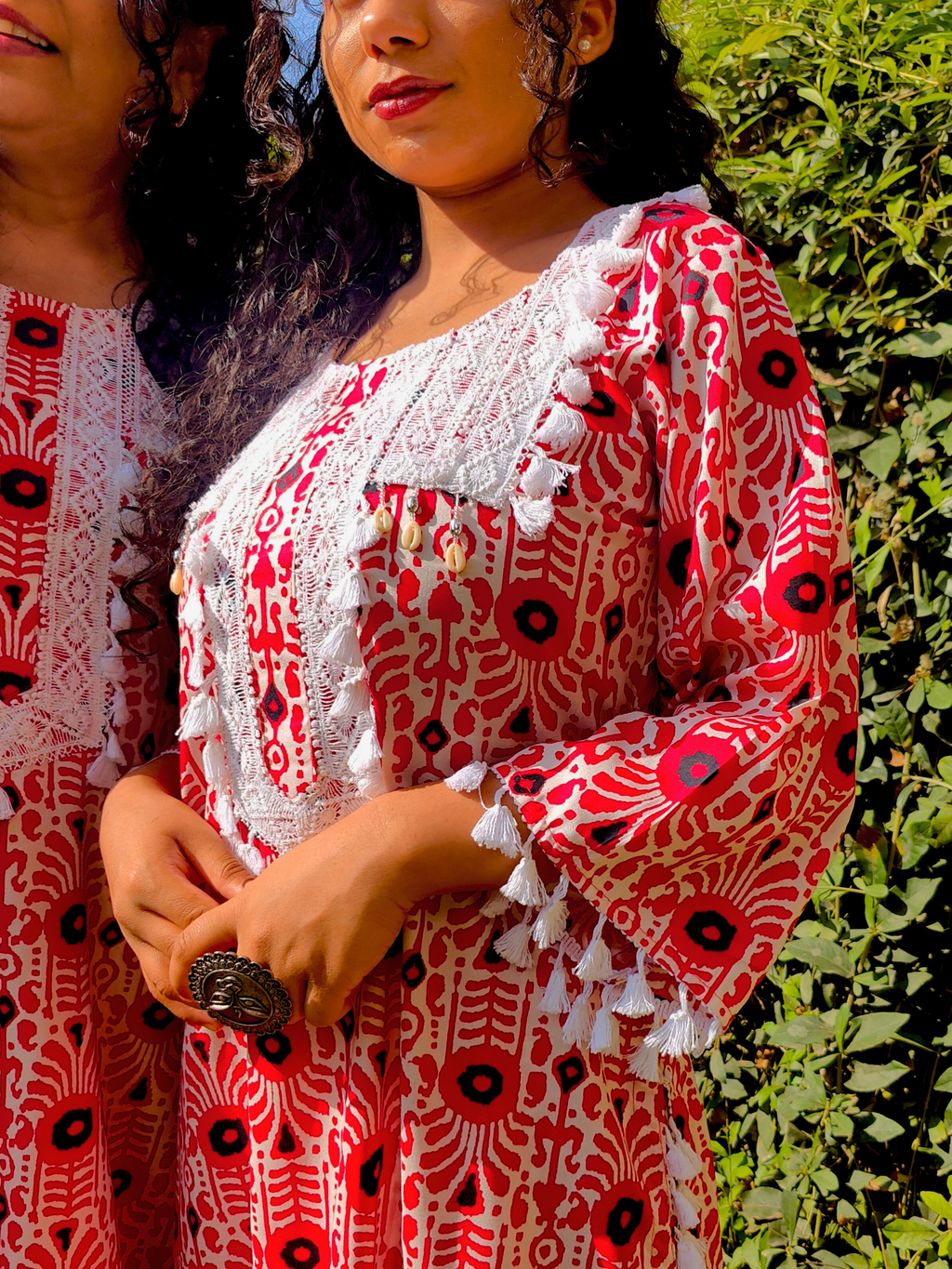 Red and White Tassels Lace Cotton Stitched Co-Ord Set