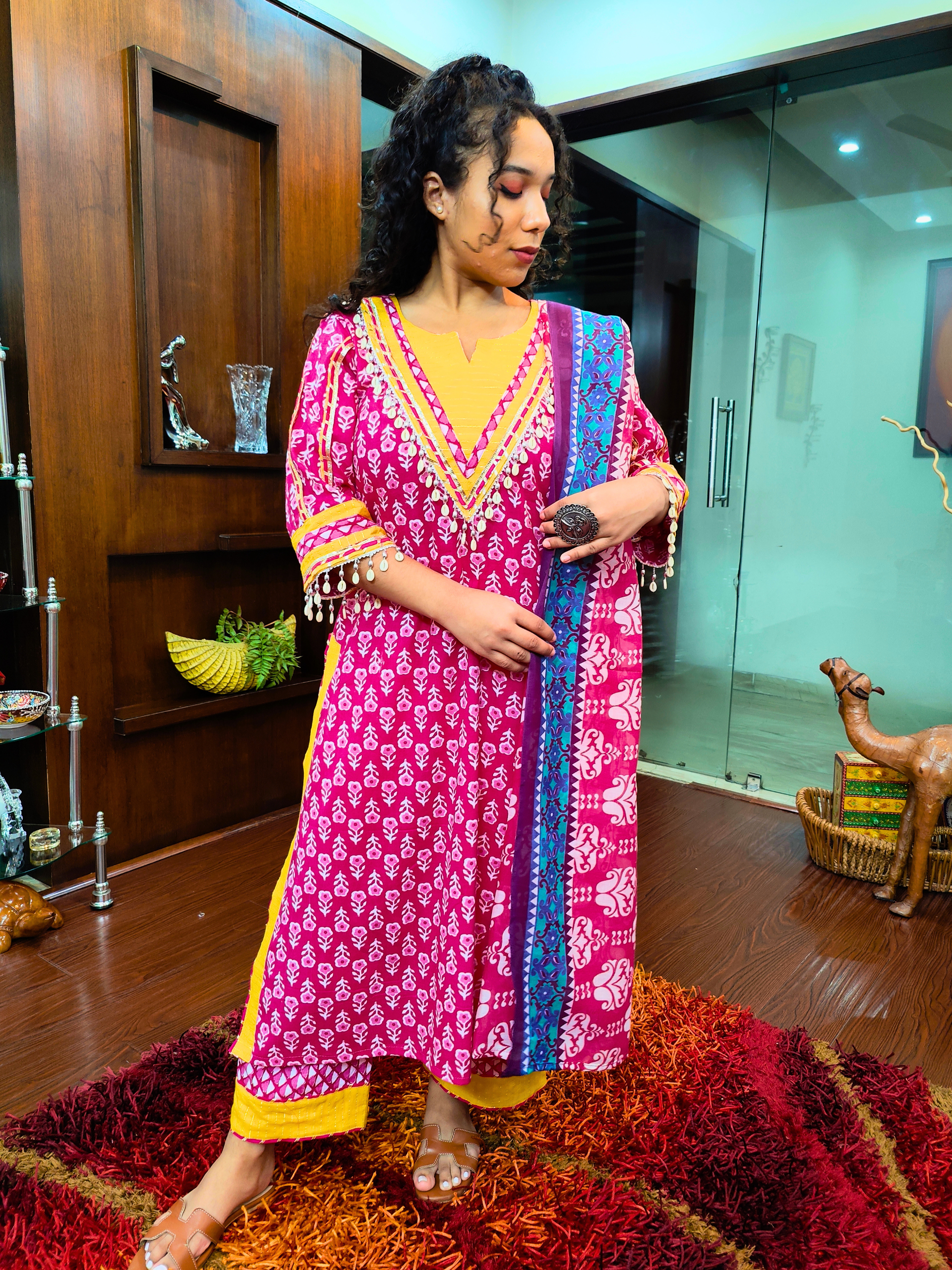 Magenta Digital Printed Silver Gota Cotton Stitched Suit Set